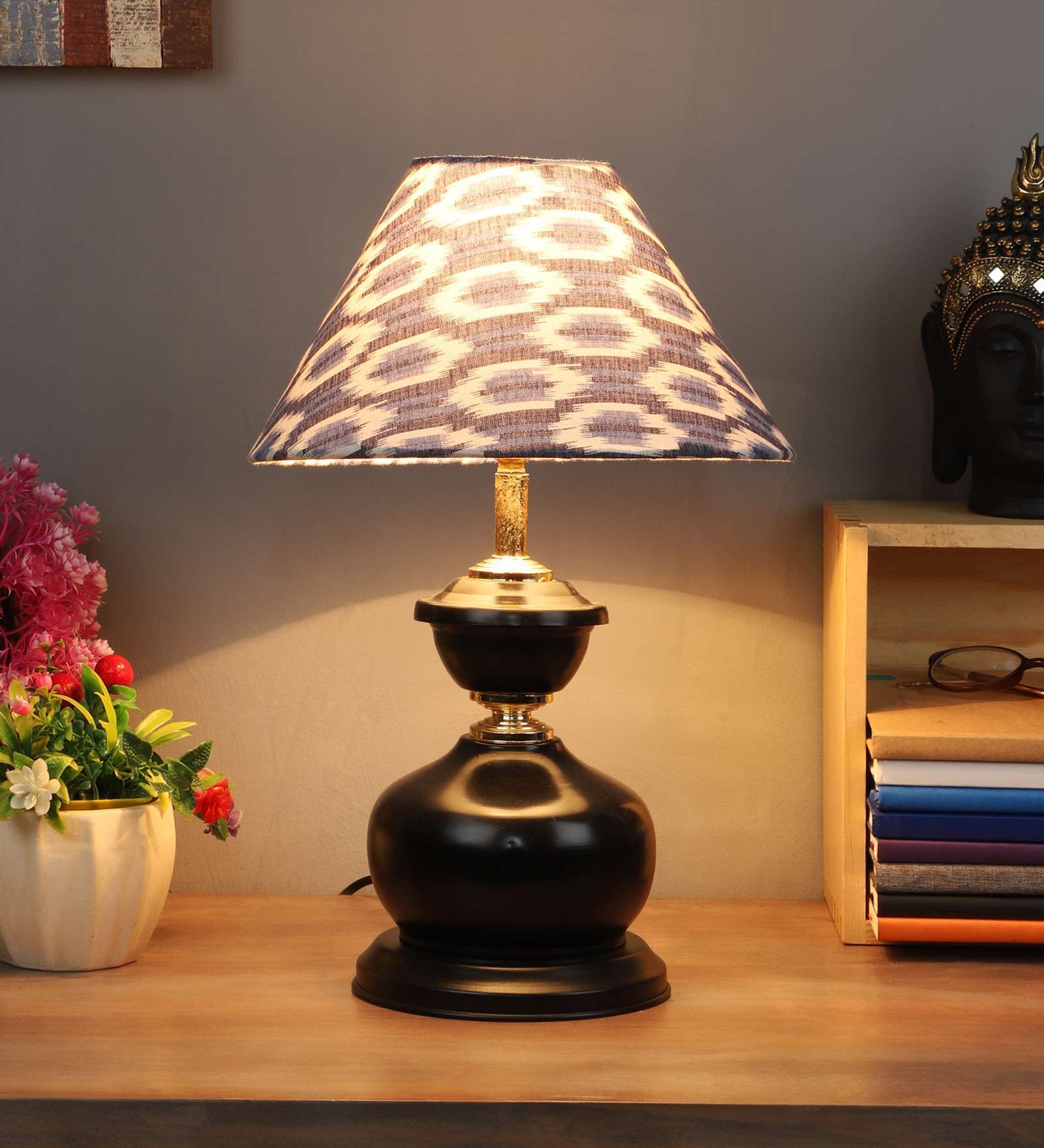 Modern Black Metal Table Lamp with Ikat Print Shade