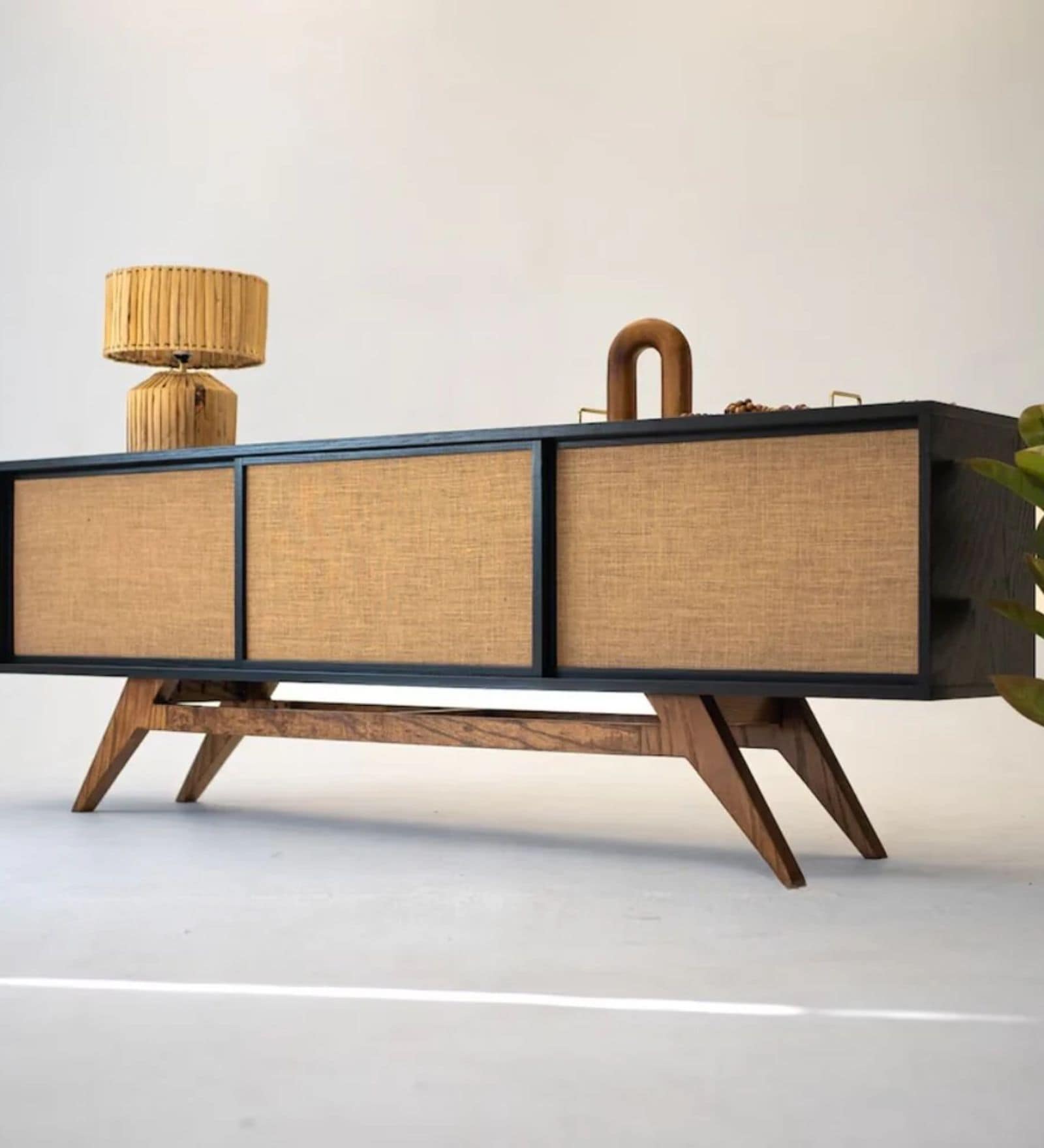 Modern Black Rattan Entertainment TV Console Cabinet