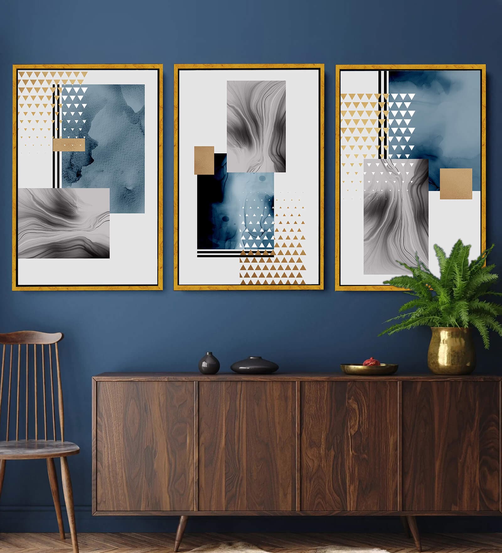 Modern Blue Abstract Geometric Wall Art Weave Marble Pattern Canvas Painting Framed Wall Art Prints
