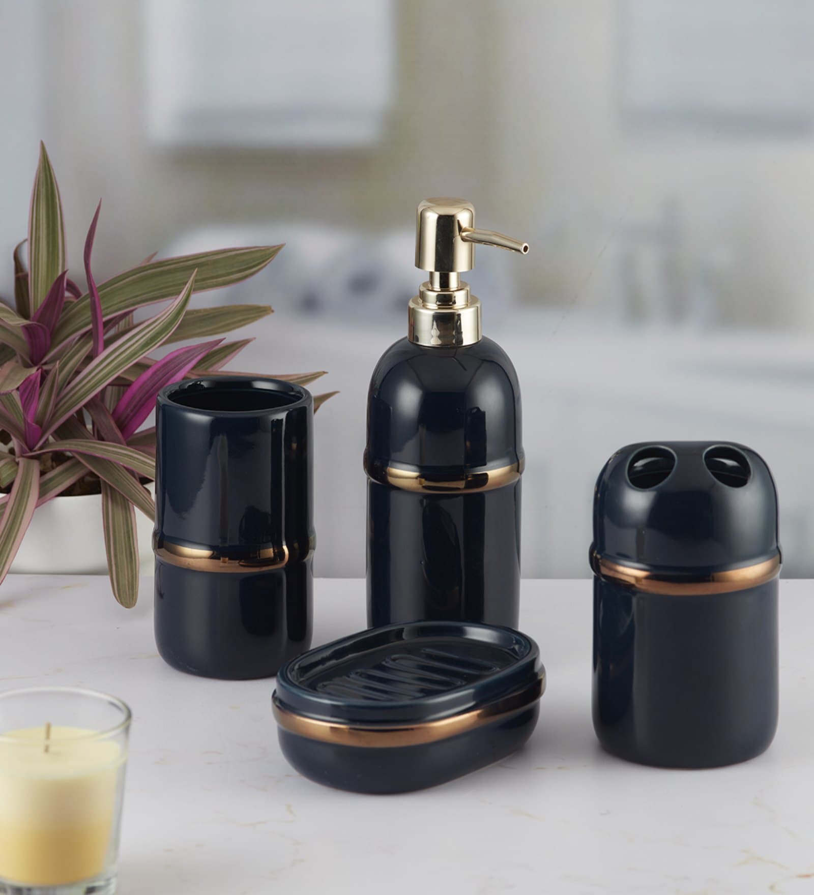 Modern Blue Ceramic Set of 4 Bath Accessories Set 