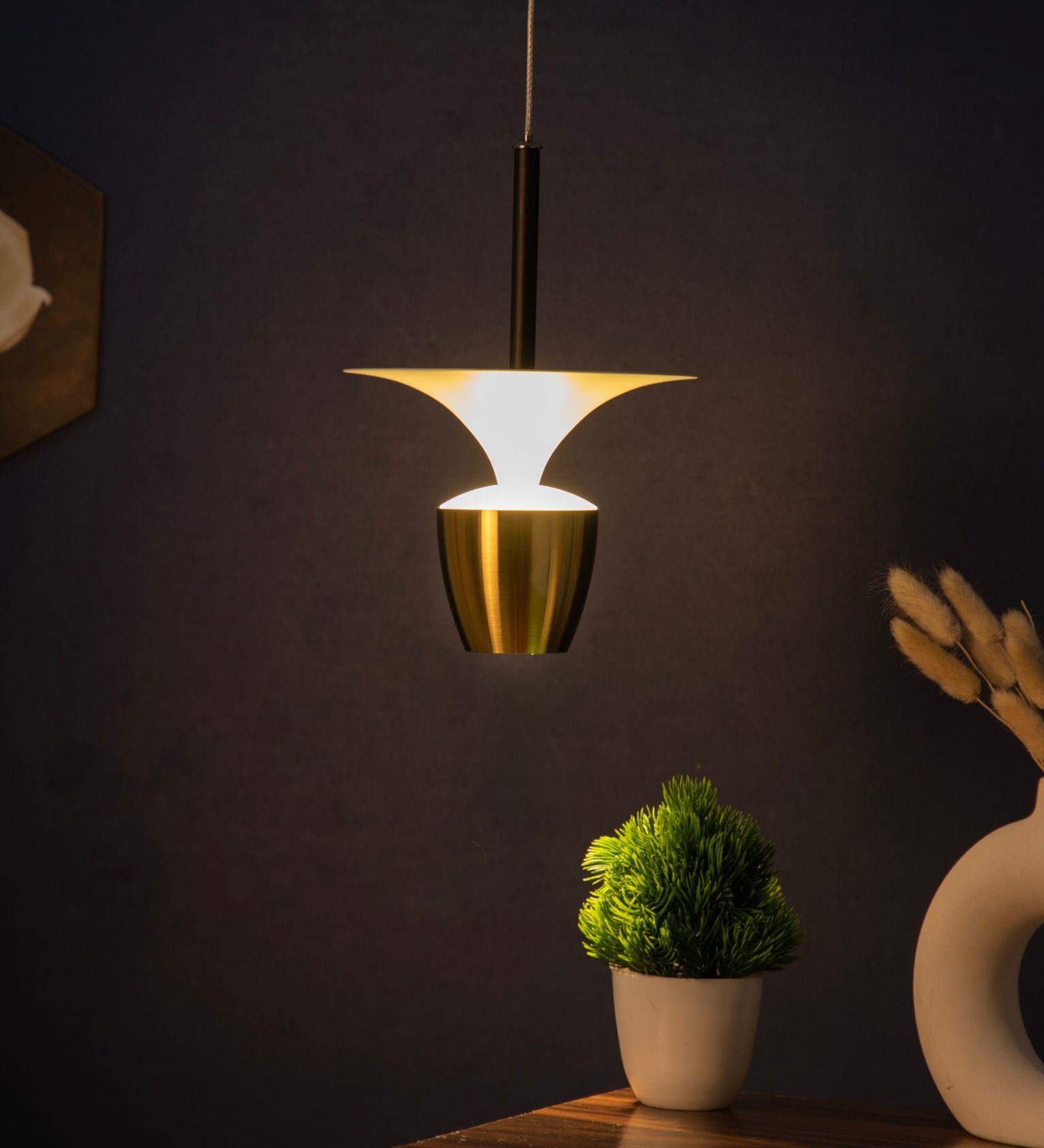 Modern Brass & Opal Glass Hanging Pendant Light