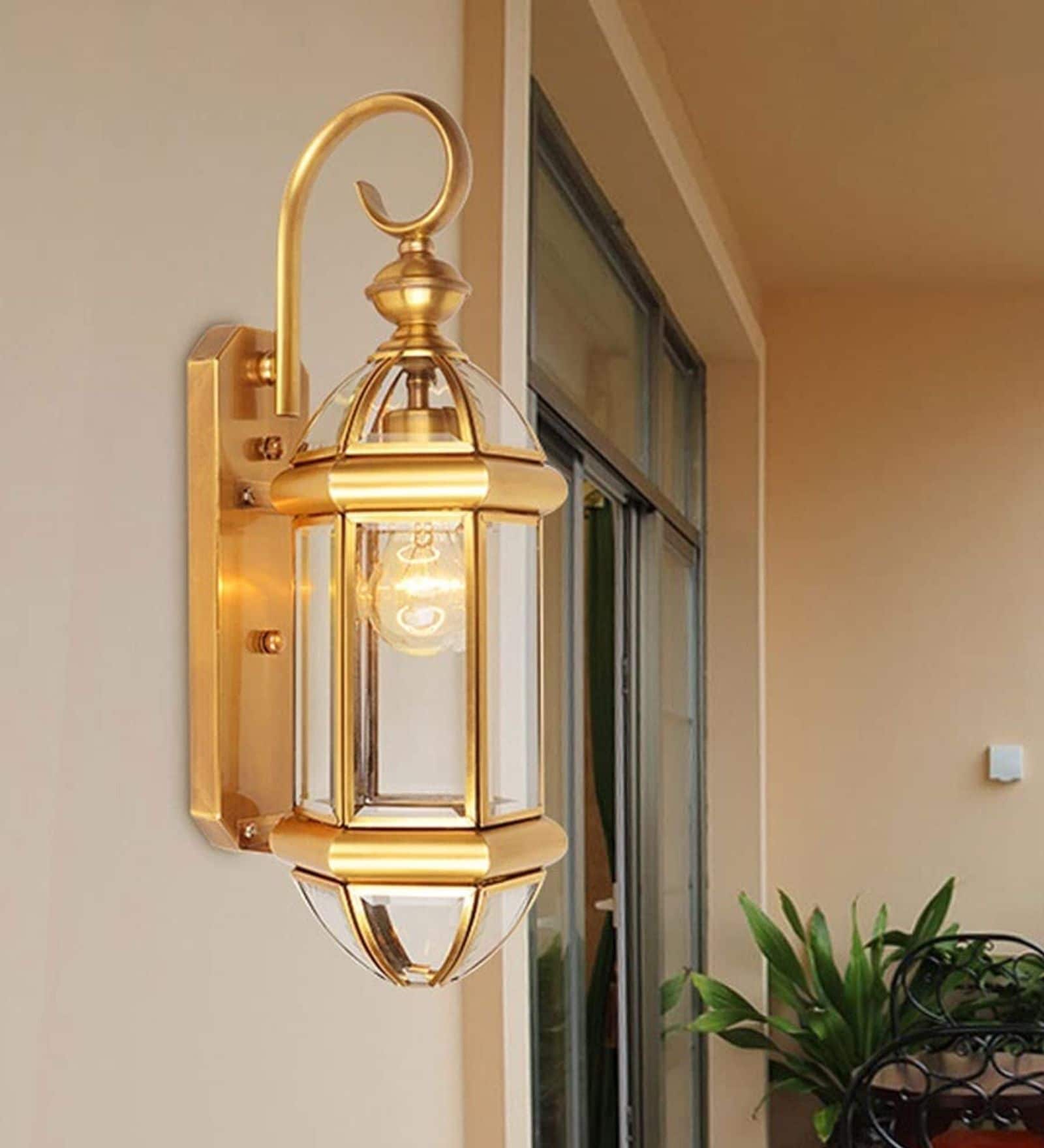 Modern Brass Finish Glass Wall Lantern Light for Indoor & Outdoor