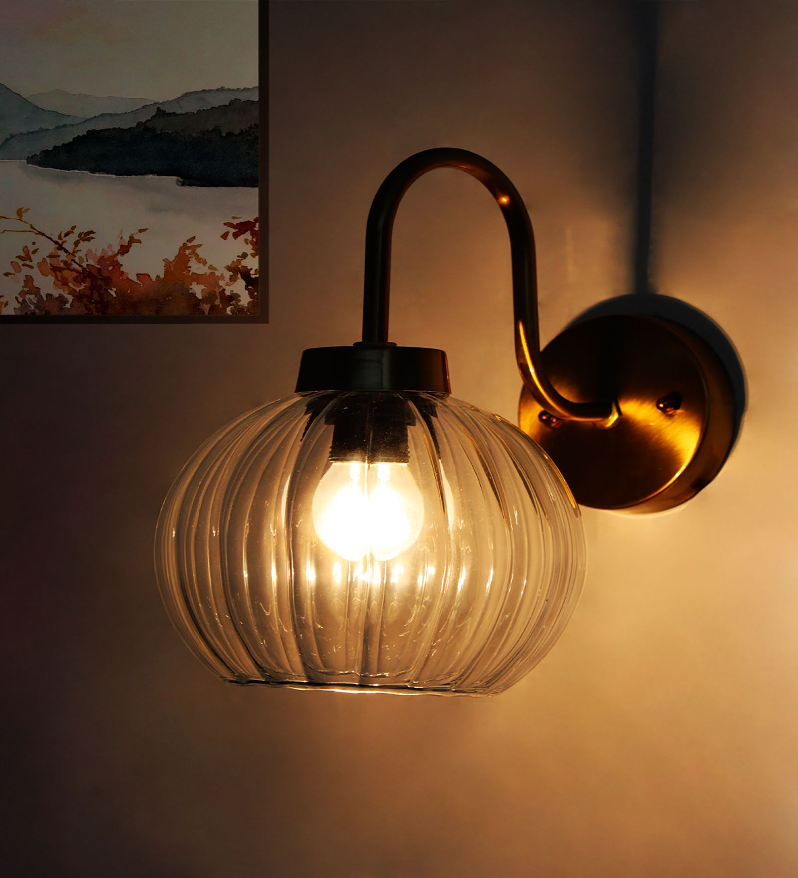 Modern Brass Wall Sconce Clear Ribbed Glass Light