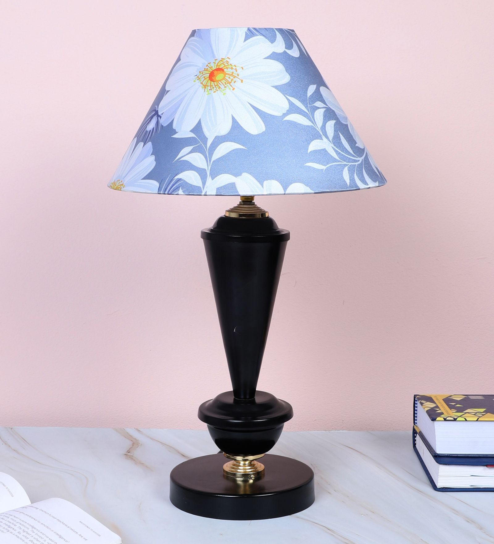Modern Brilliance Black Metal Table Lamp With Narcissue Floral Print Satin Shade