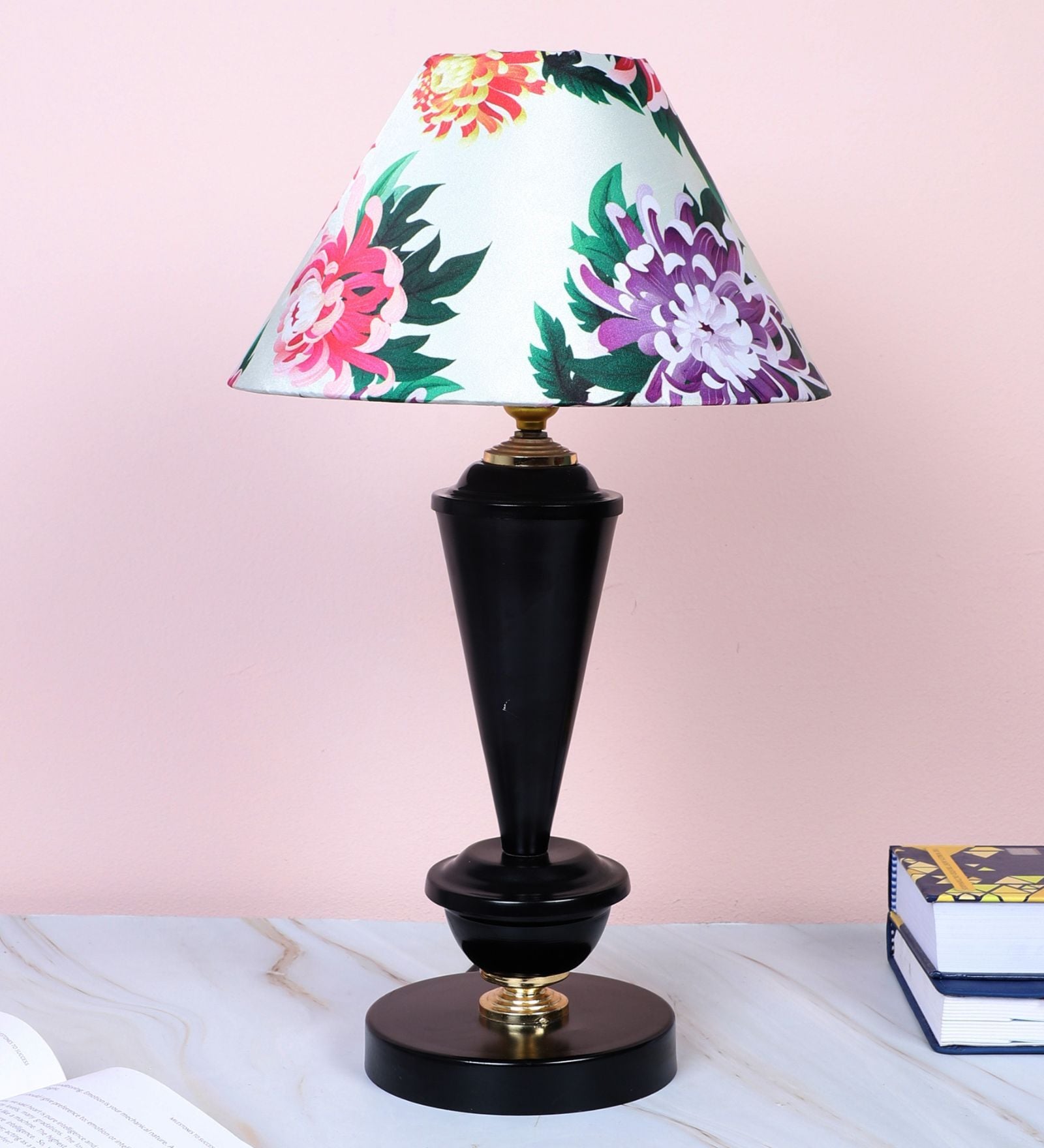 Modern Brilliance Black Metal Table Lamp With Carnation Print Satin Shade