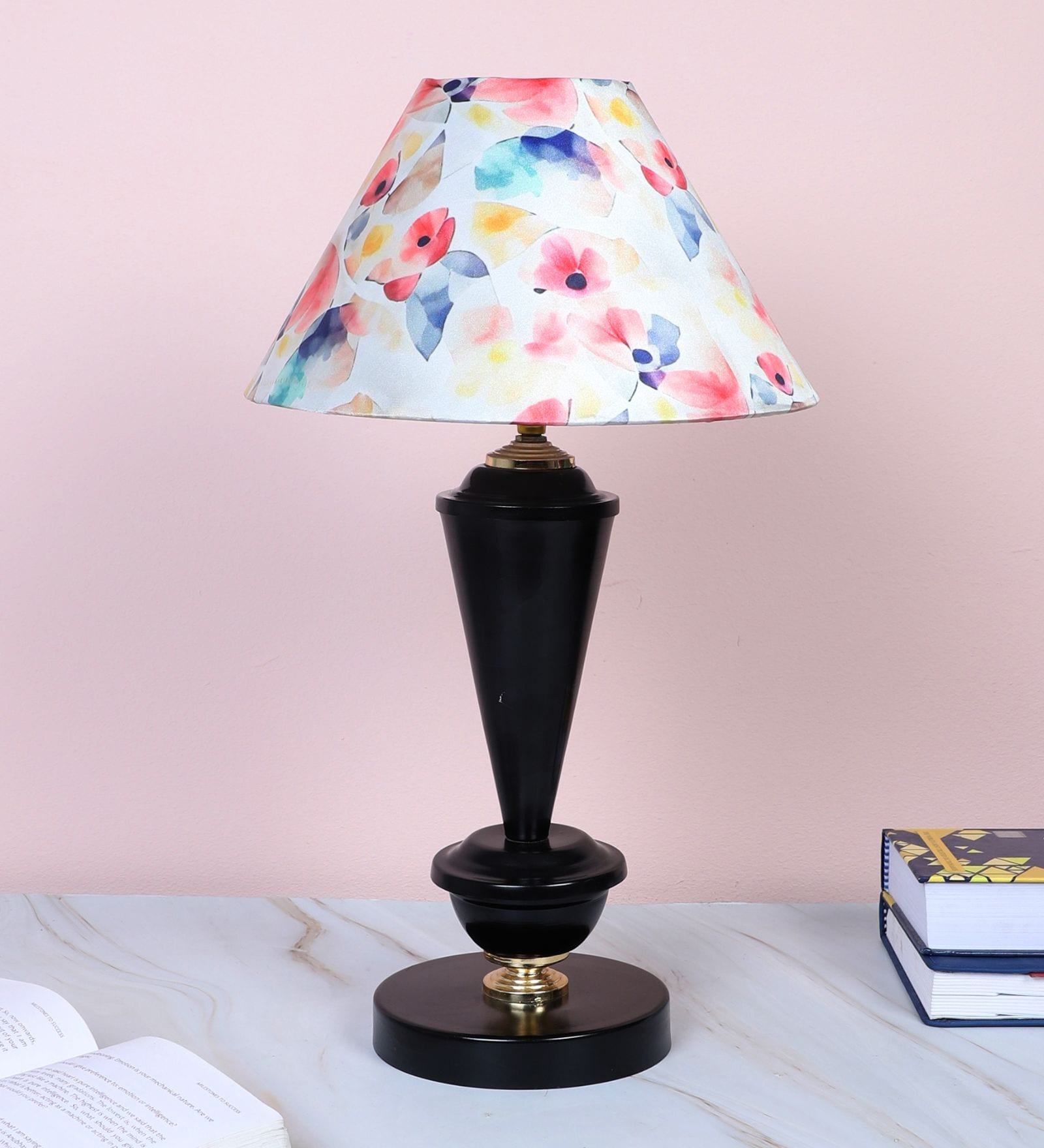 Modern Brilliance Black Metal Table Lamp With Flower Print Satin Shade