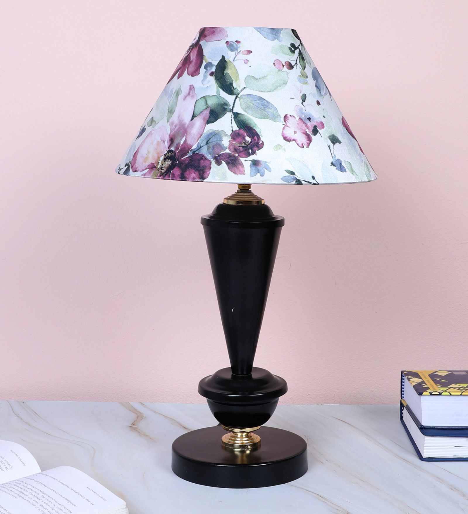 Modern Brilliance Black Metal Table Lamp With Cobra Saffron Print Satin Shade