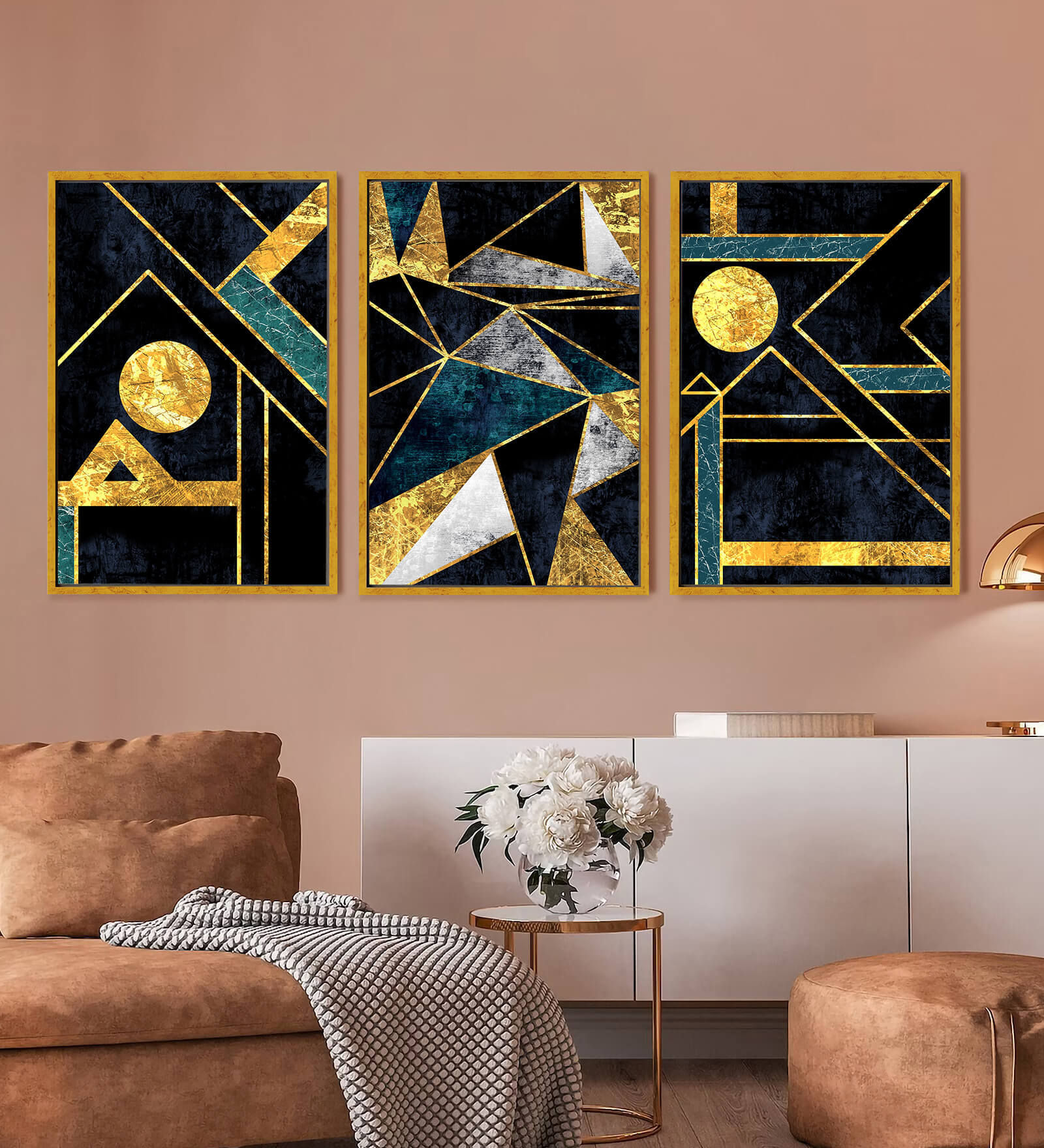 Modern Canvas Art Painting Canvas Abstract Geometric Black and Gold Triangle Combination Picture