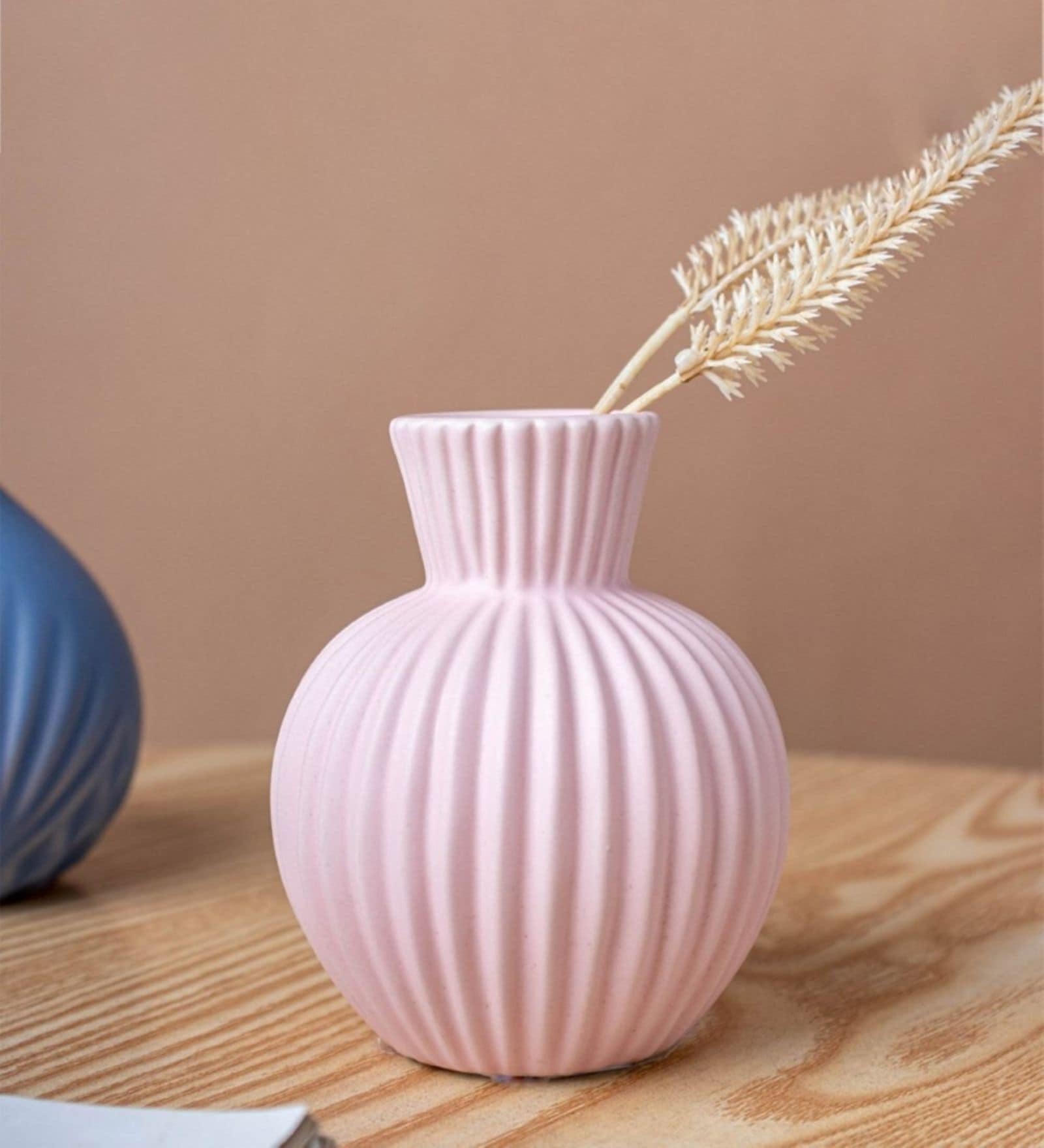 Modern Chromatic Ribbed Pink Artisanal Ceramic Flower Vase