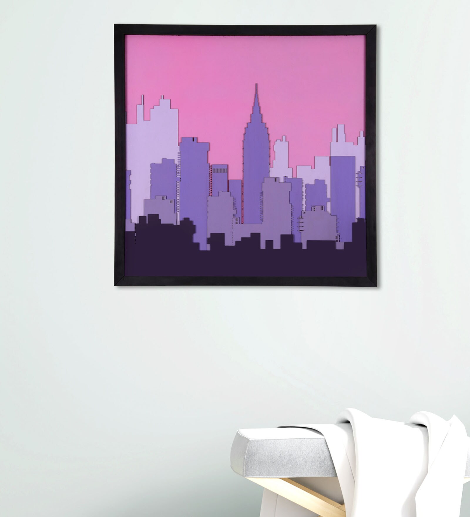 Modern City Night Pinewood Wall Mural In Multicolour
