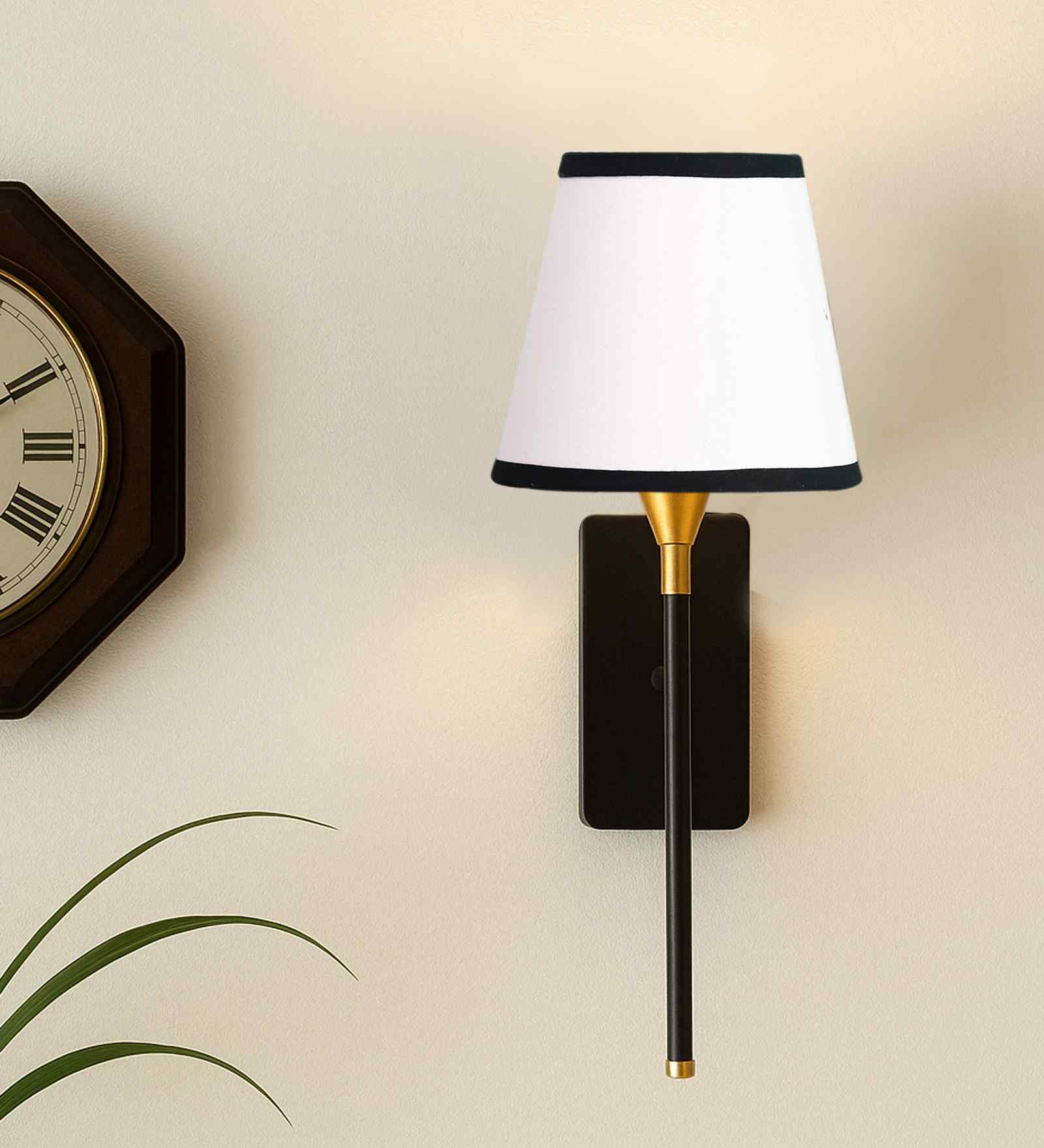 Modern Conical Fabric Wall Light | Heavy Metal Bracket | Home D cor Lamp-(White & Black)