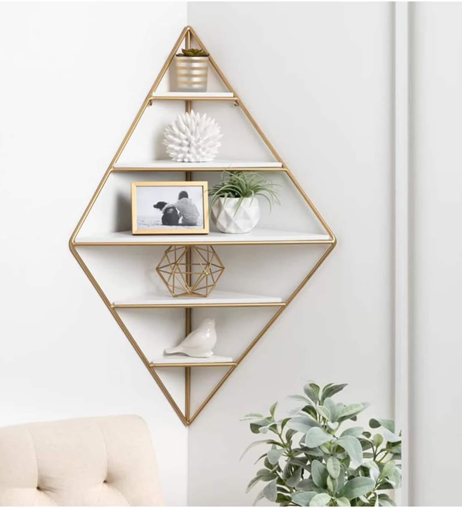 Modern Corner Diamond Shape Wooden Wall Shelf with Light Oak Finish