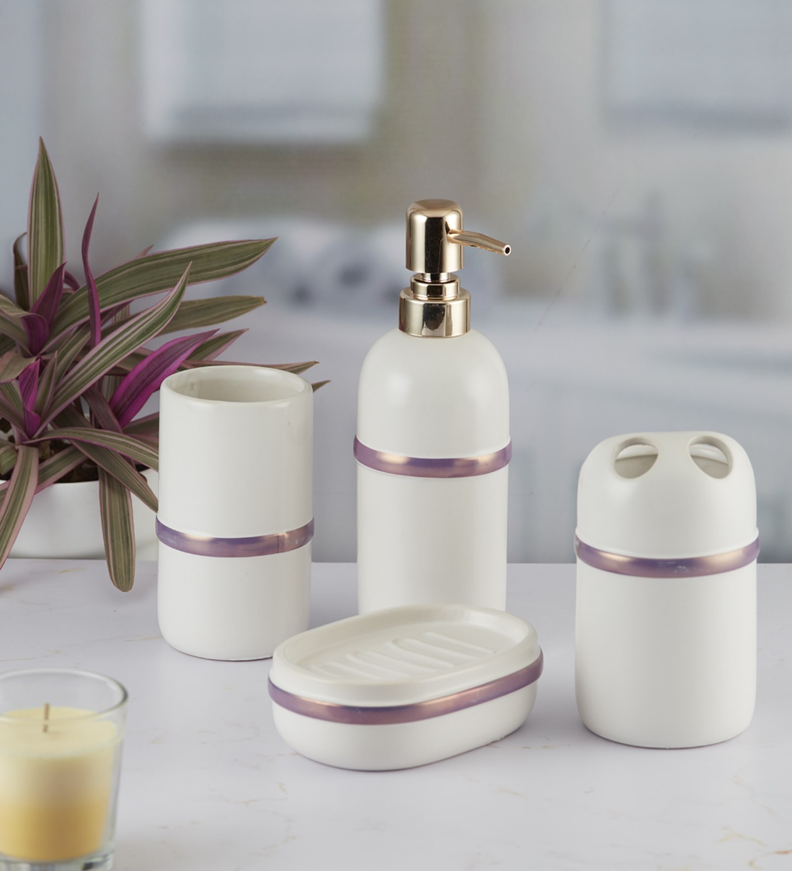 Modern Cream Ceramic Set of 4 Bath Accessories Set 