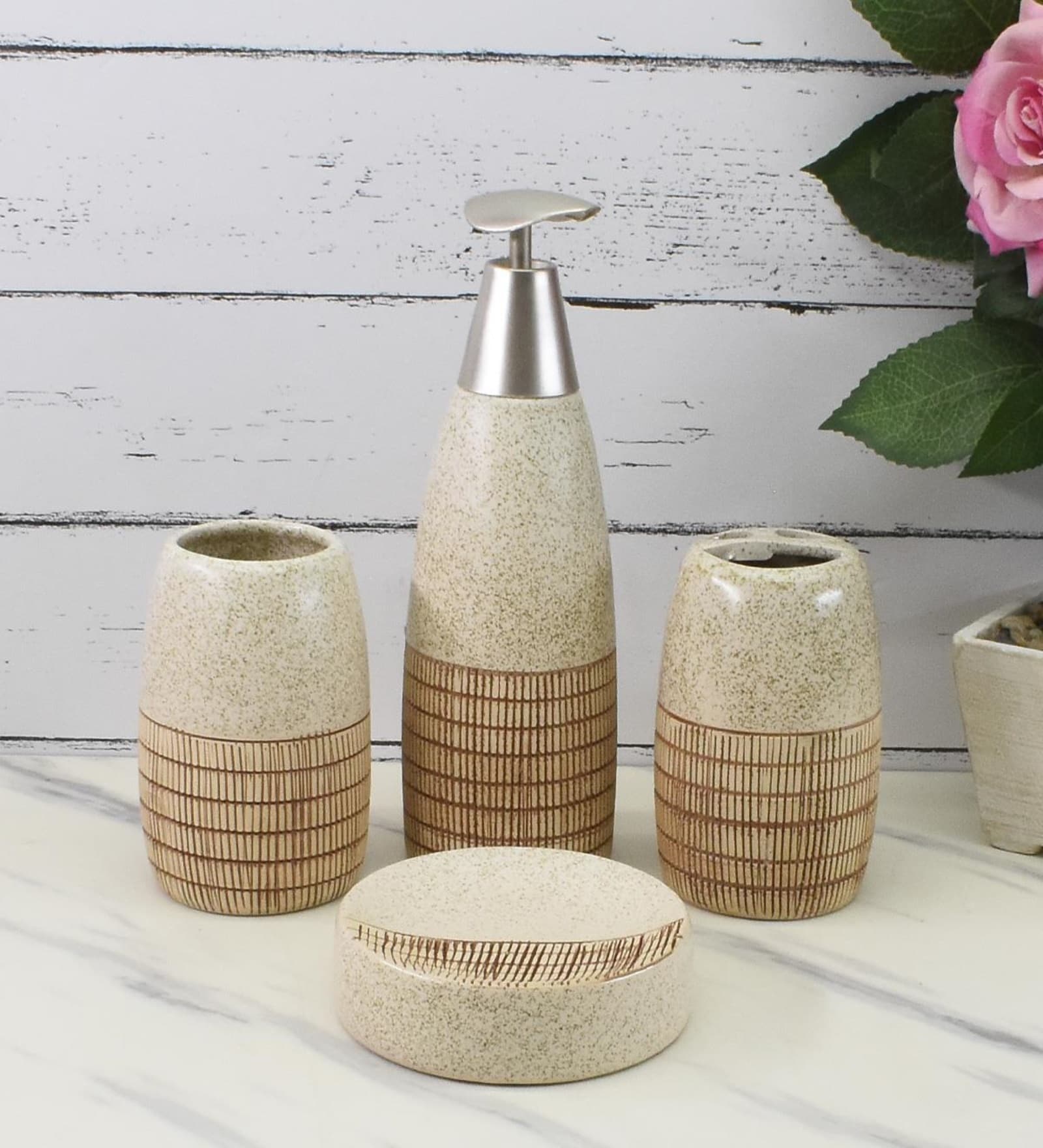 Buy Modern Cream Ceramic Set of 4 Bath Accessories Set by Kookee at 100 ...