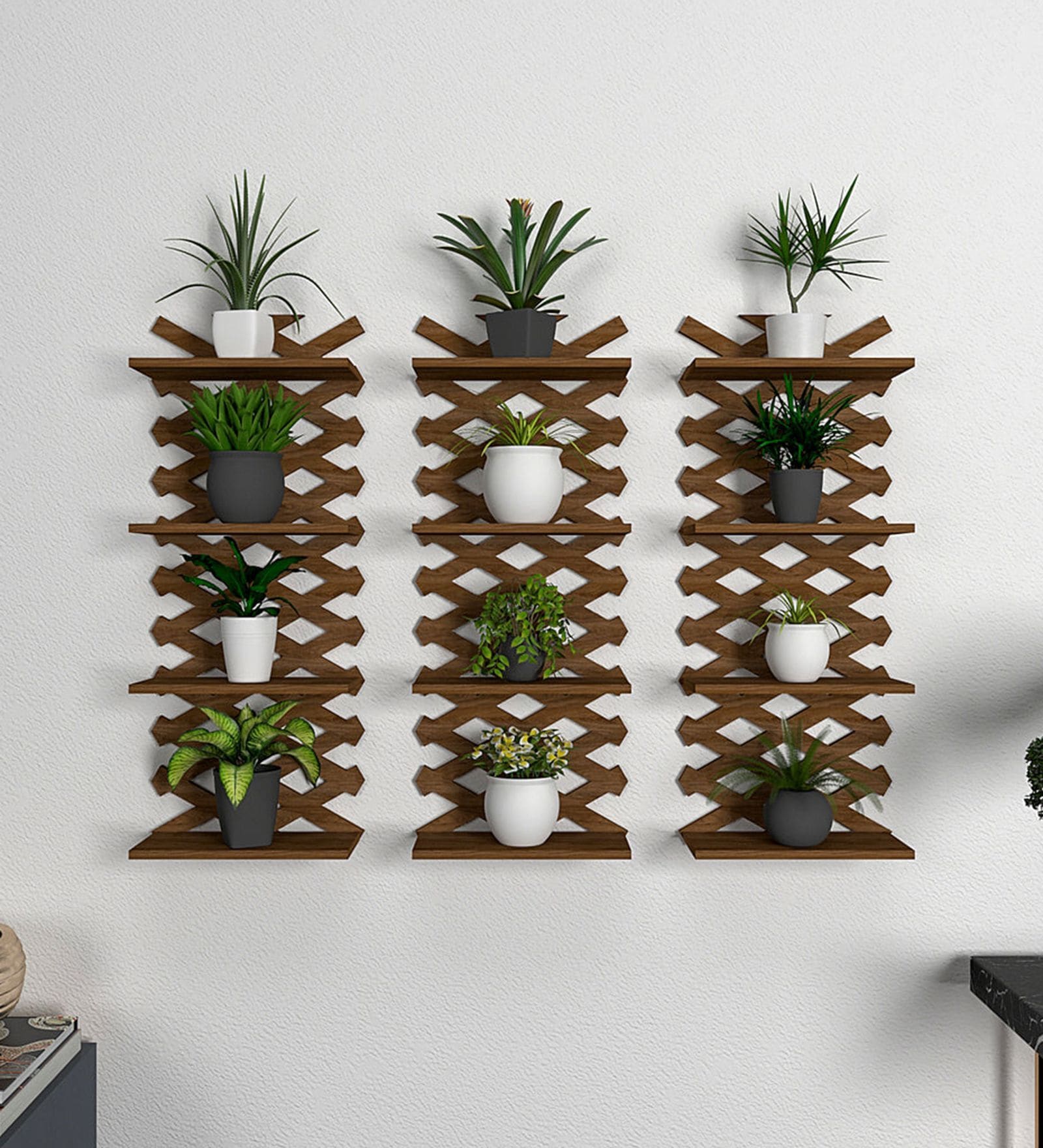 Modern Criss Cross Designer Dark Walnut Planter Shelves Set Of 3