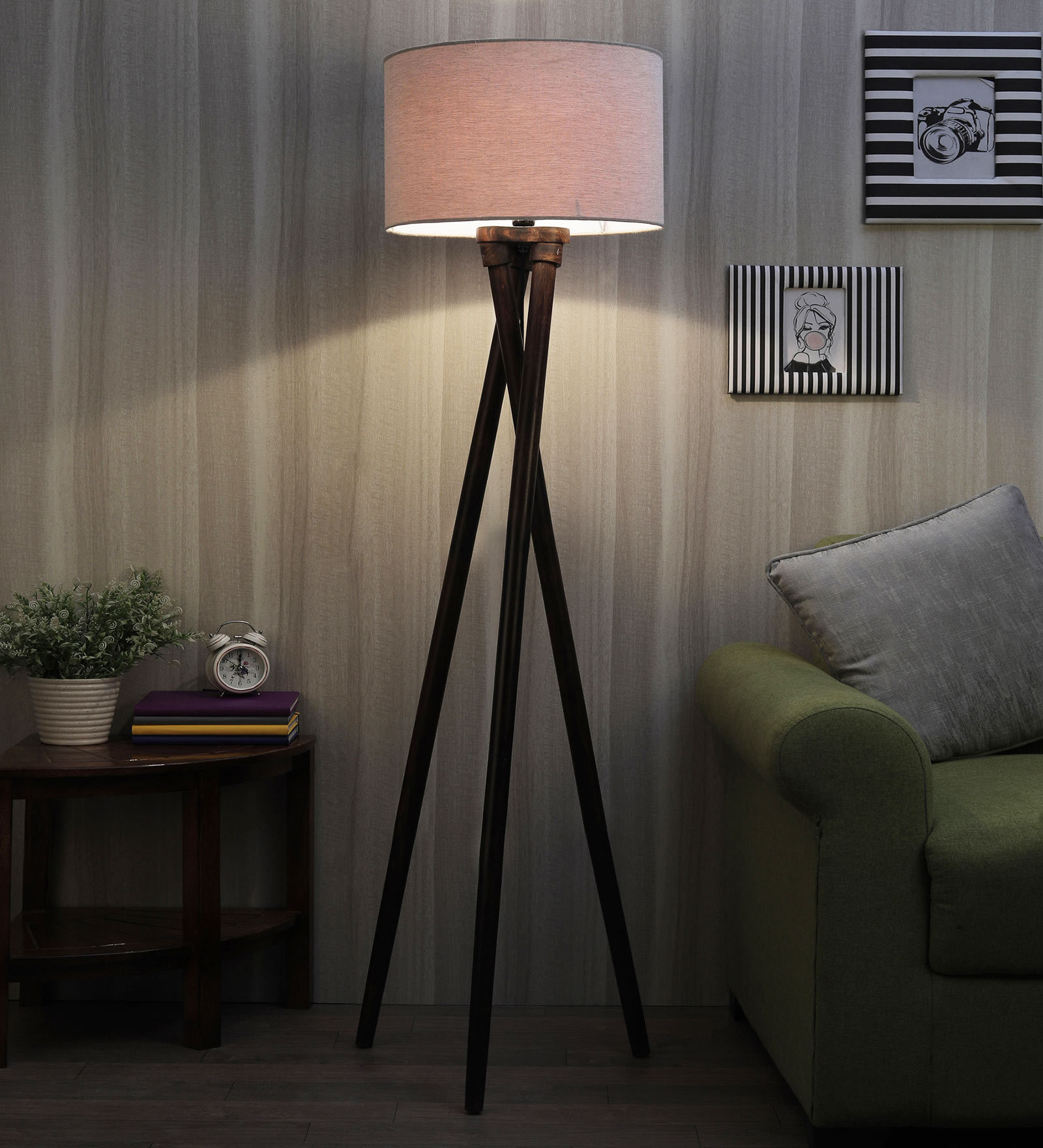 Adriana Beige Fabric Shade Tripod Floor Lamp With Wood Base