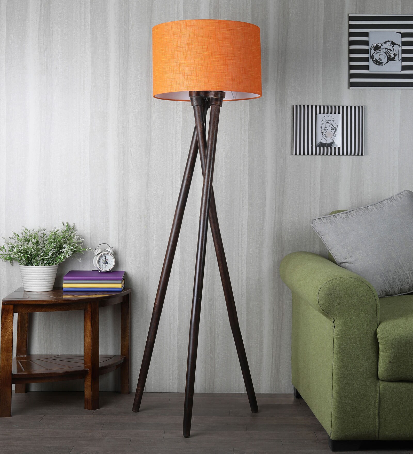 Ryan Orange Fabric Shade Tripod Floor Lamp With Wood Base