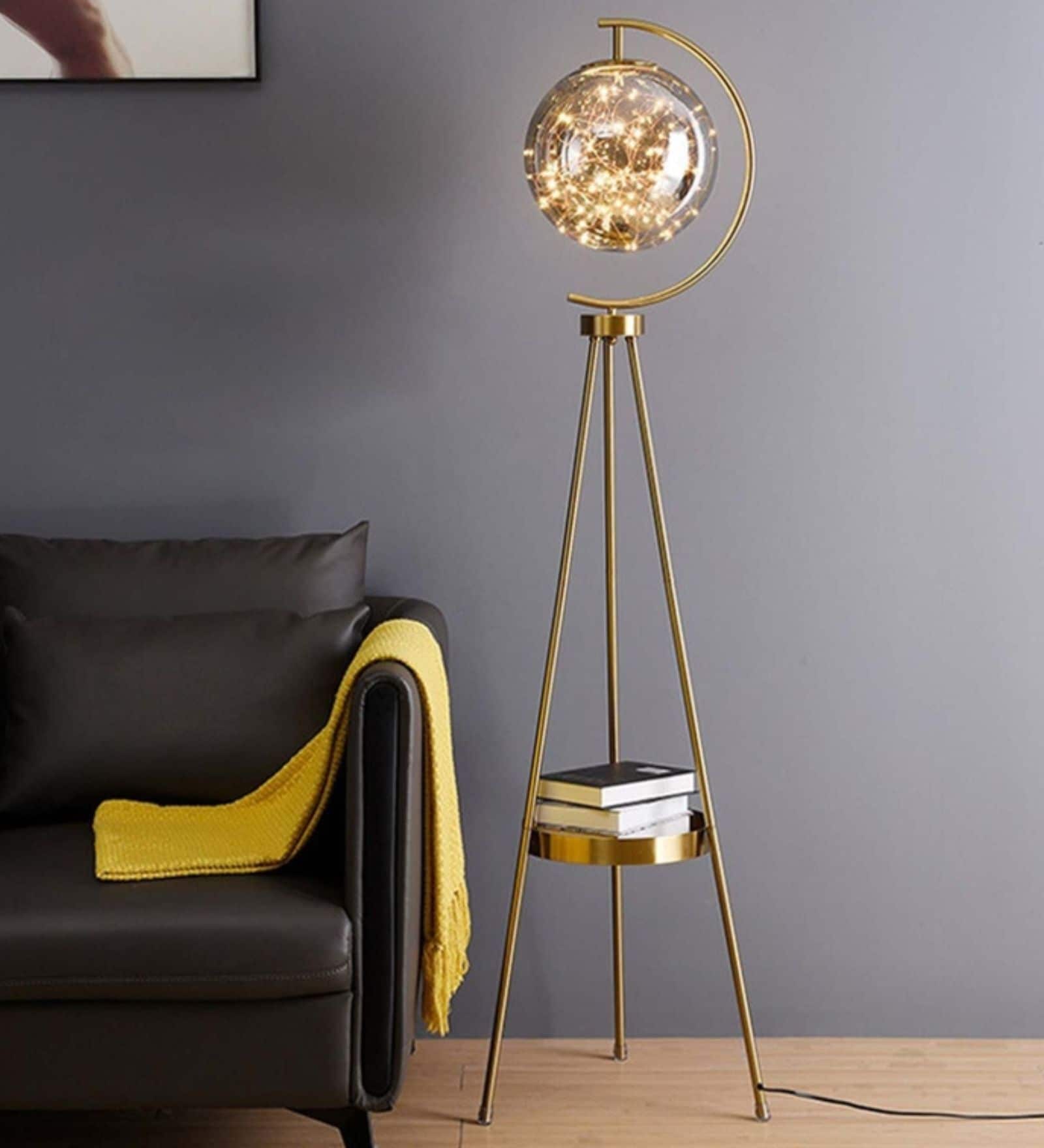 Modern Crystal Globe Tripod Floor Lamp with Golden Finish