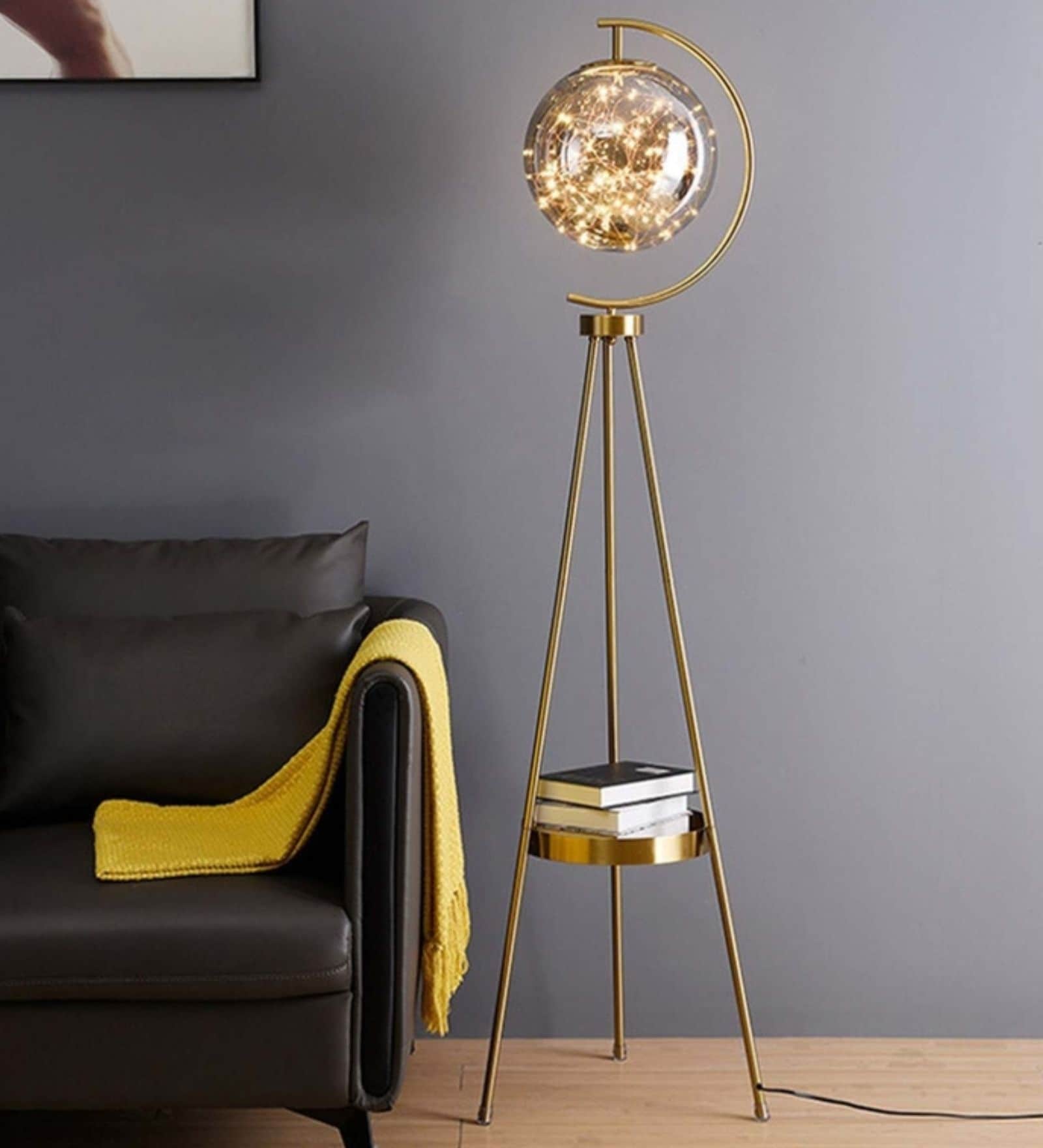 Modern Crystal Globe Tripod Floor Lamp with Golden Finish Modern Crystal Globe Tripod Floor Lamp with Golden Finish