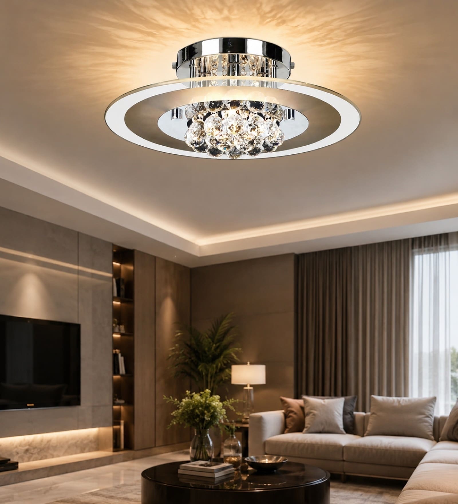 Modern Crystal Halo LED Ceiling Light   Chrome Finish