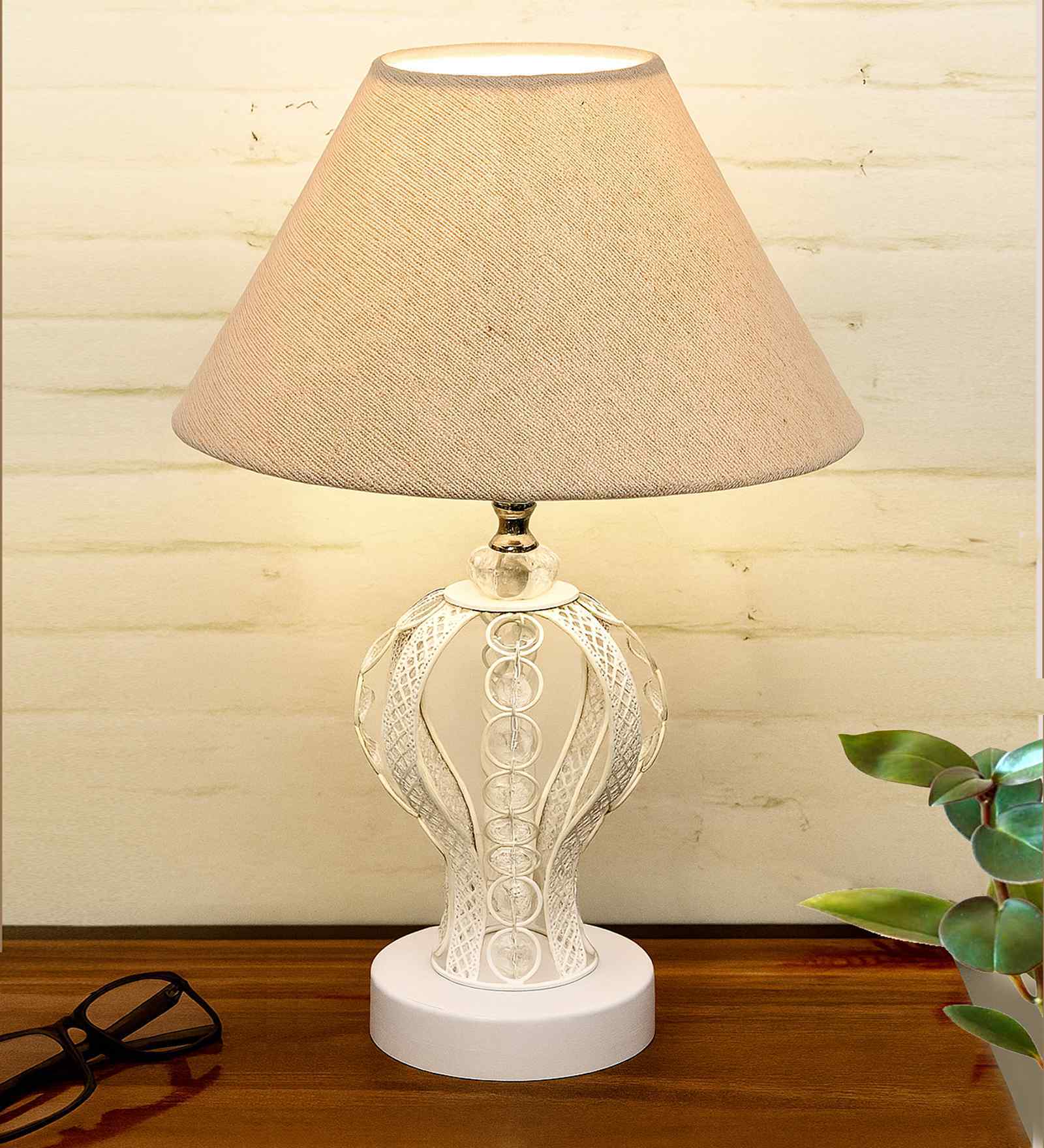 Modern Crystal Round Table Lamp, Jute Pleated Shade