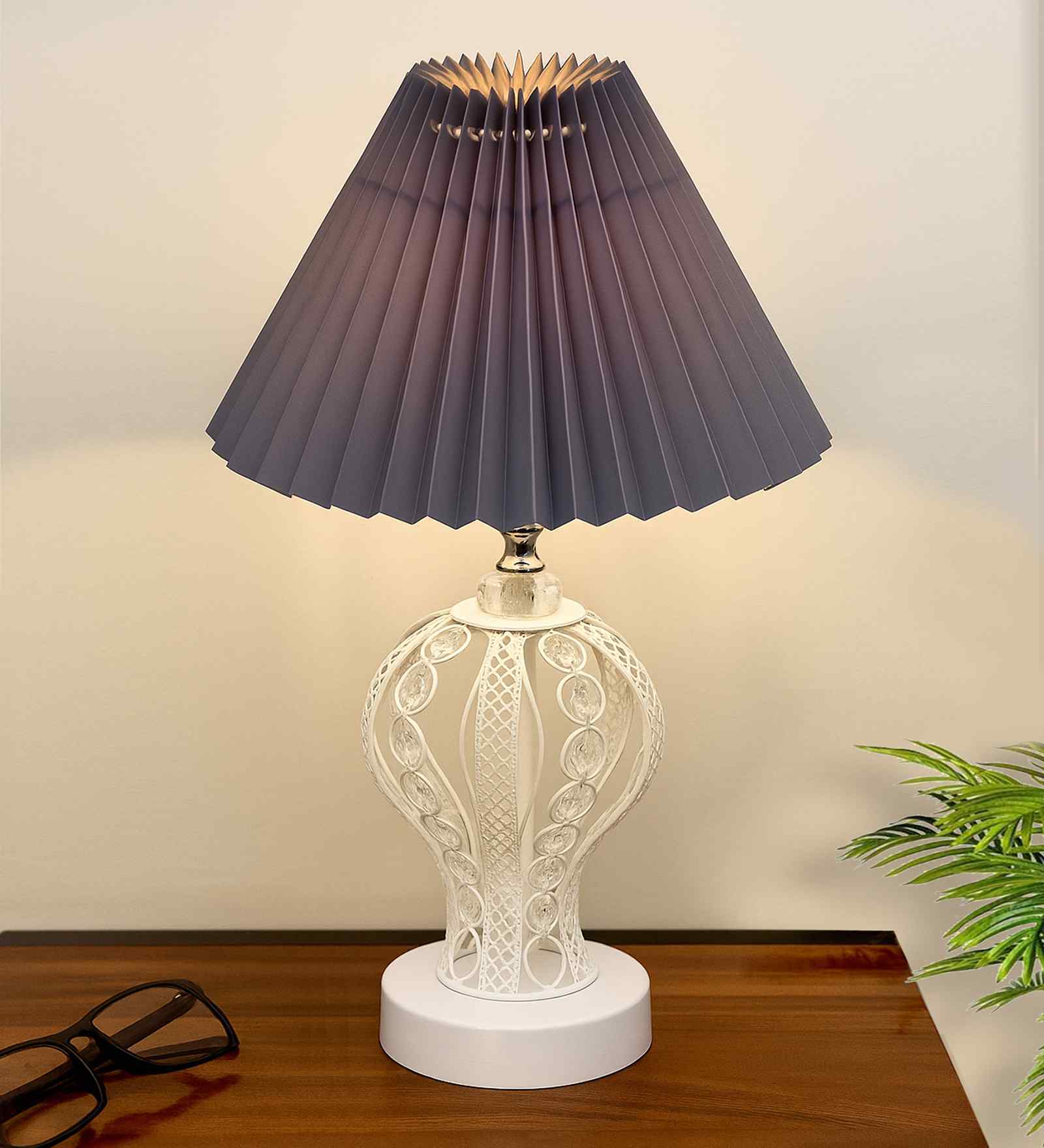 Modern Crystal Round Table Lamp with Grey Pleated Shade
