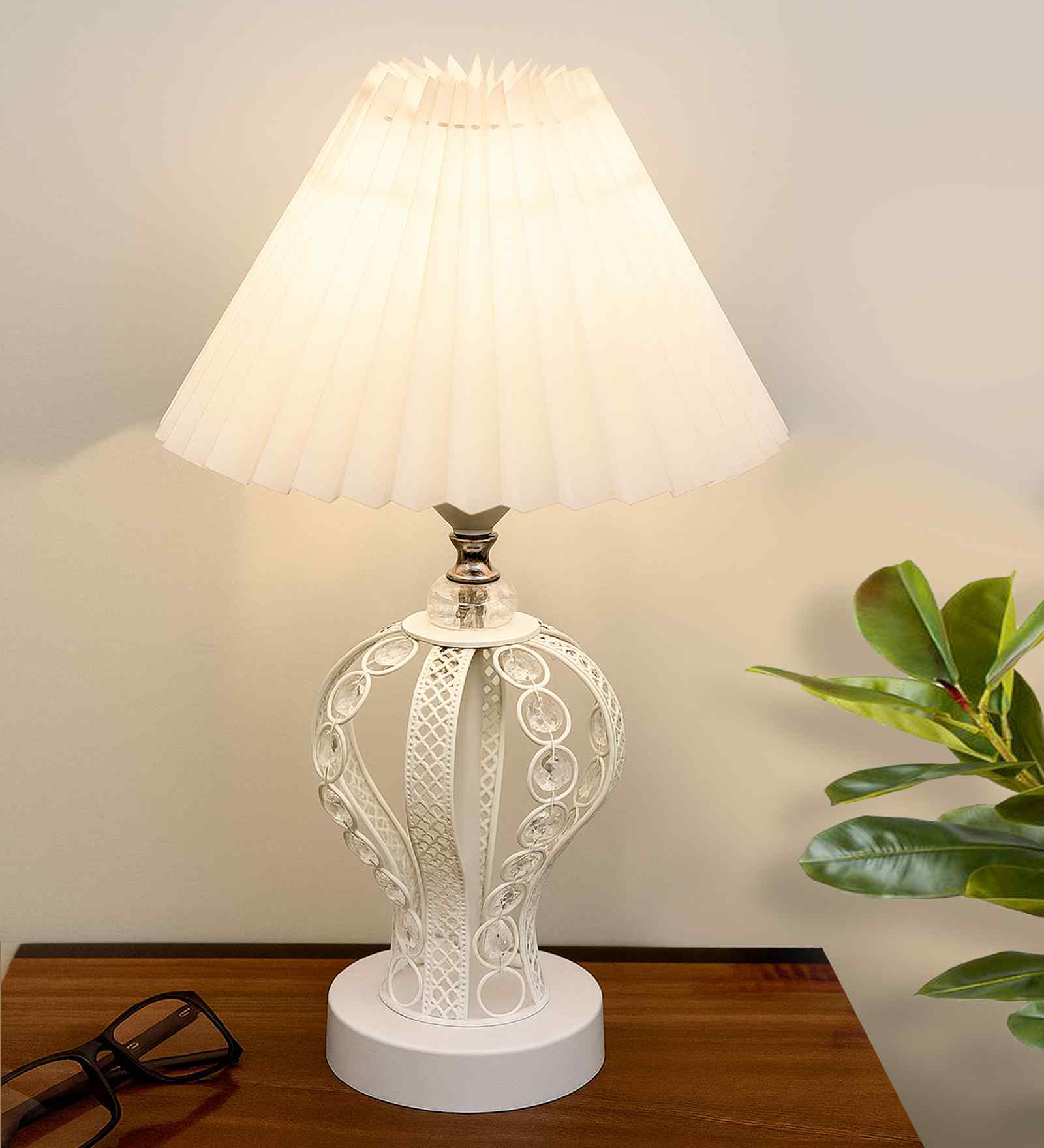Modern Crystal Round Table Lamp with White Pleated Shade