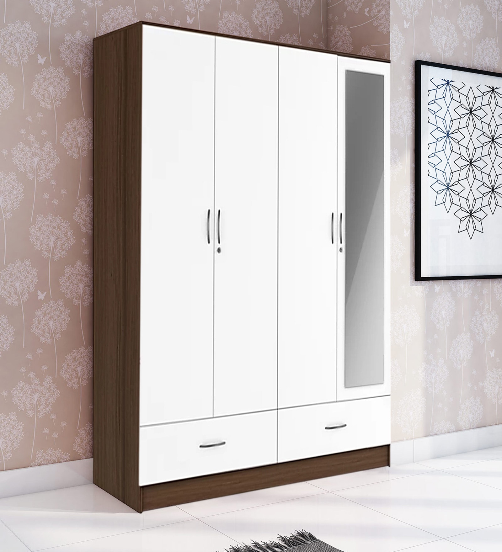 Modern Engineered Wood 4 Door Wardrobe in White Finish Modern Engineered Wood 4 Door Wardrobe in White Finish