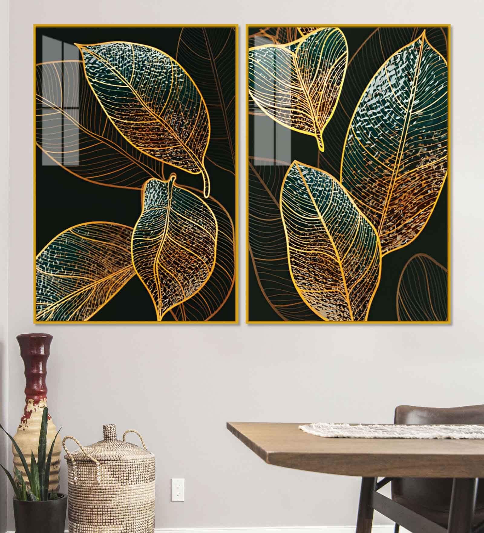 Modern Exquisite Oak Leaves Art Acrylic Framed Art Panel (Set Of 2)