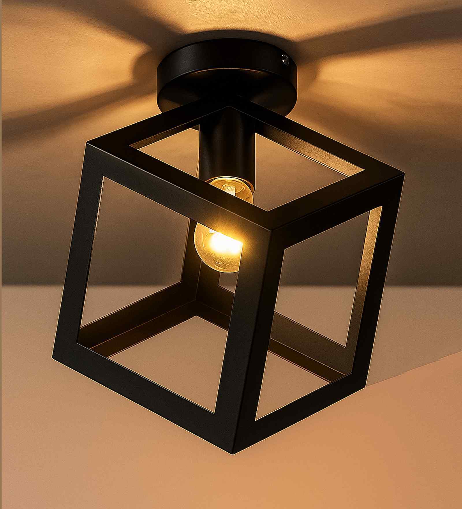 Modern Farmhouse Semi Flush Mount Ceiling Light, Black Cube, Ceiling Fixture
