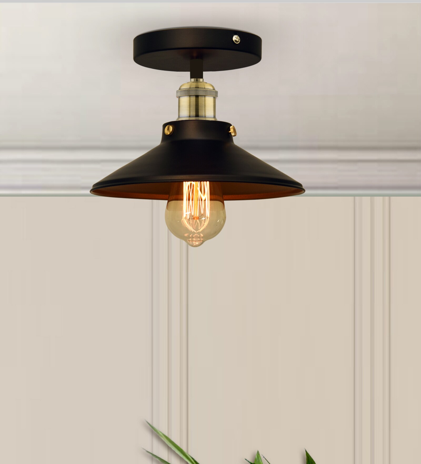 Modern Farmhouse Semi Flush Mount Ceiling Light, Black Hallway Fixture, Antique Golden, Cone