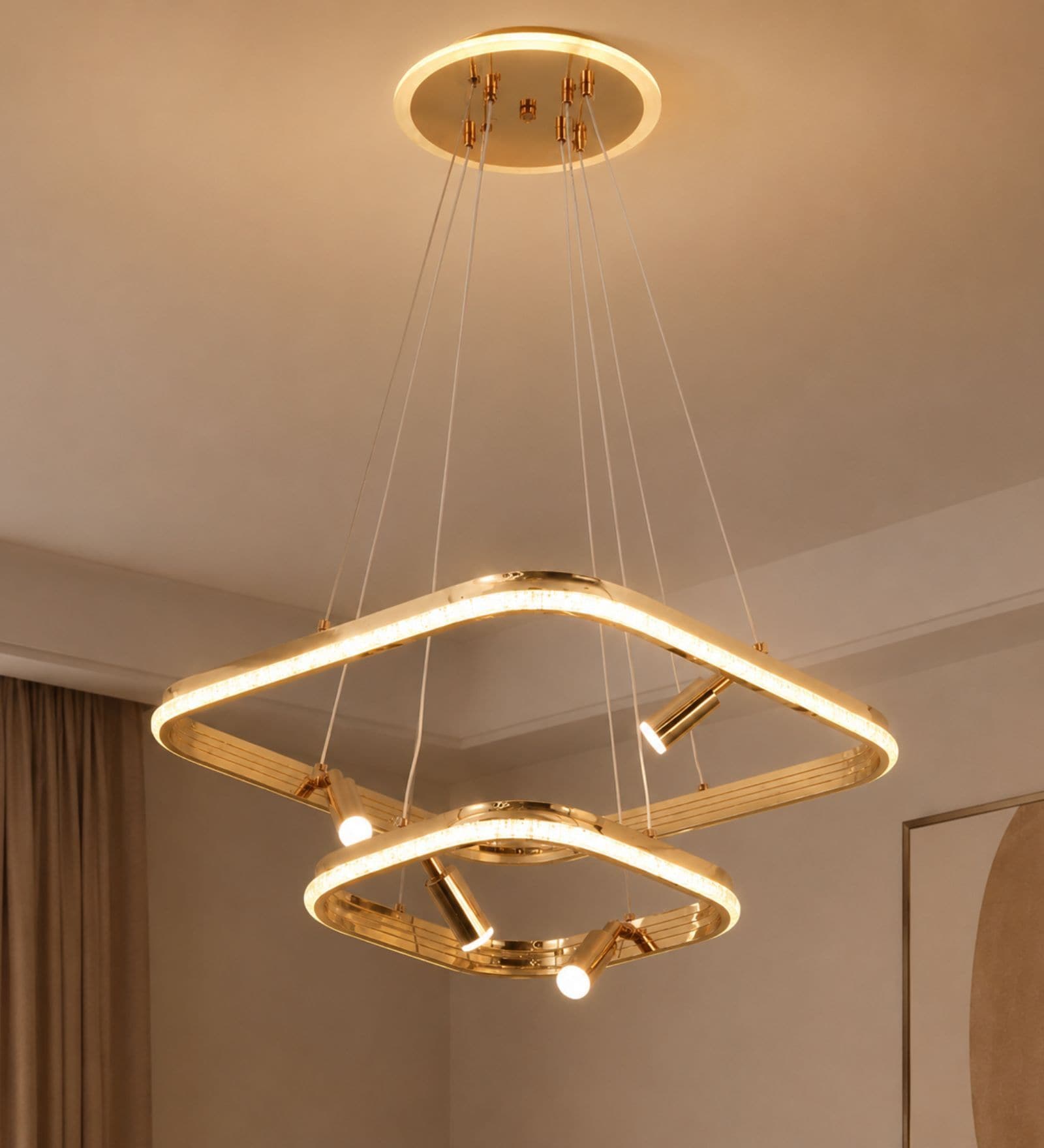 Modern Geometric Gold LED Pendant Chandelier with Adjustable Spotlights