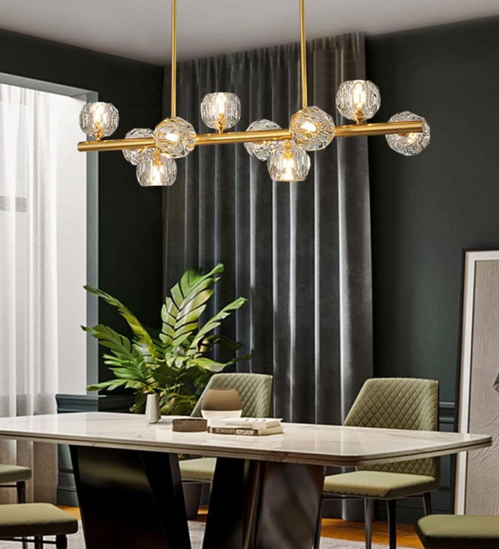 Modern Gold 10-Light Linear Chandelier with Textured Glass Shades