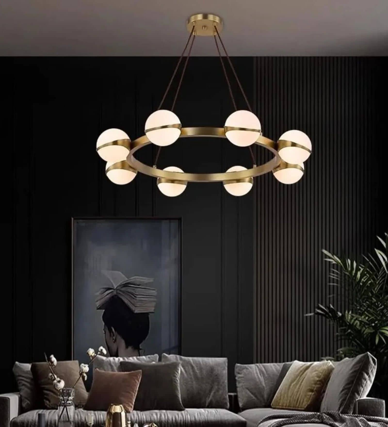 Modern Gold Ring Chandelier with Frosted Glass Spheres