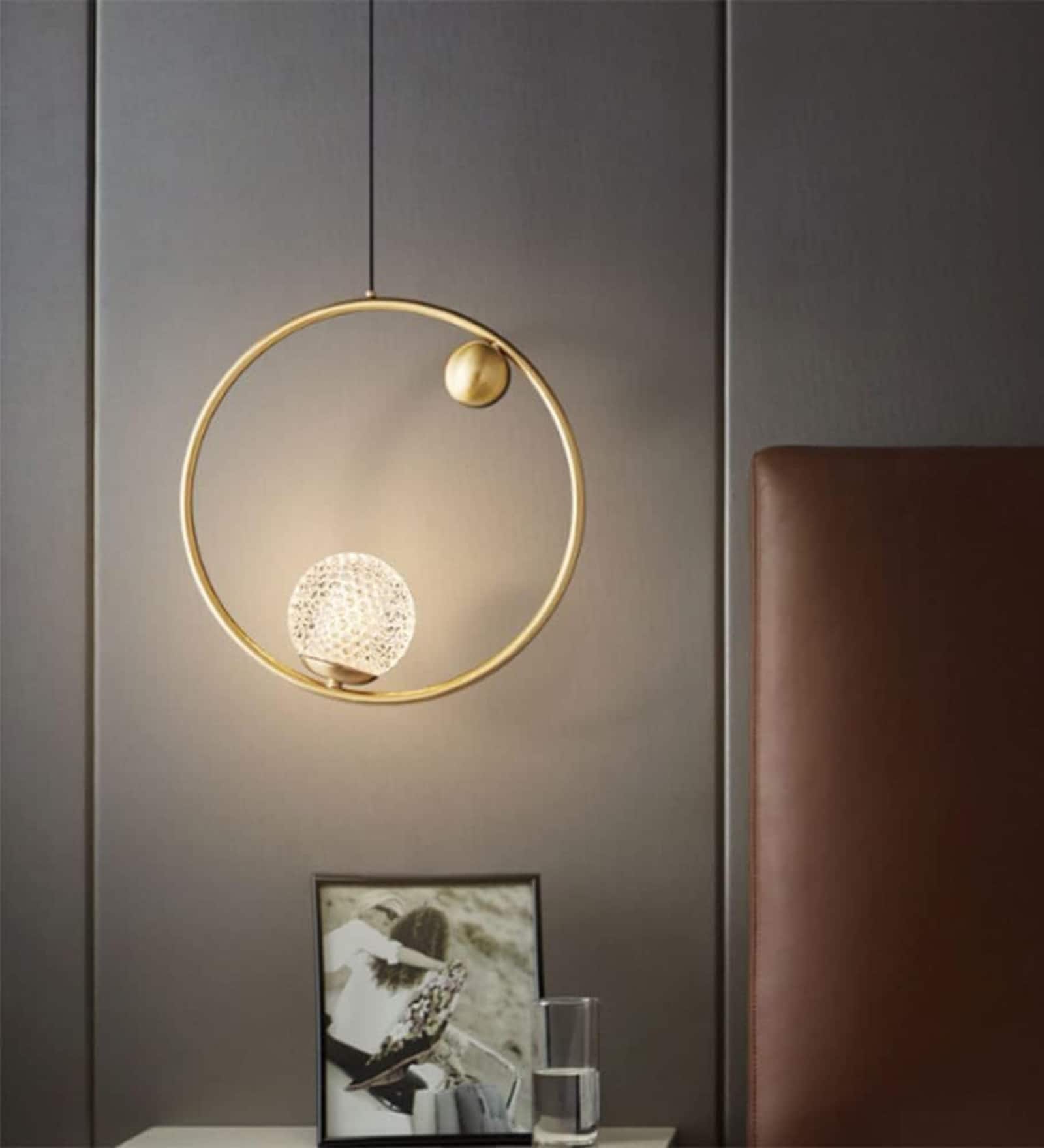 Modern Gold Ring Pendant Light with Crystal Globe