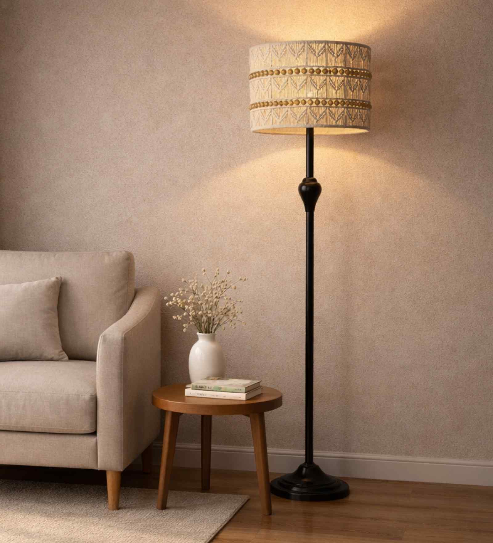 Modern Gold Stand Floor Lamp Macrame Shade