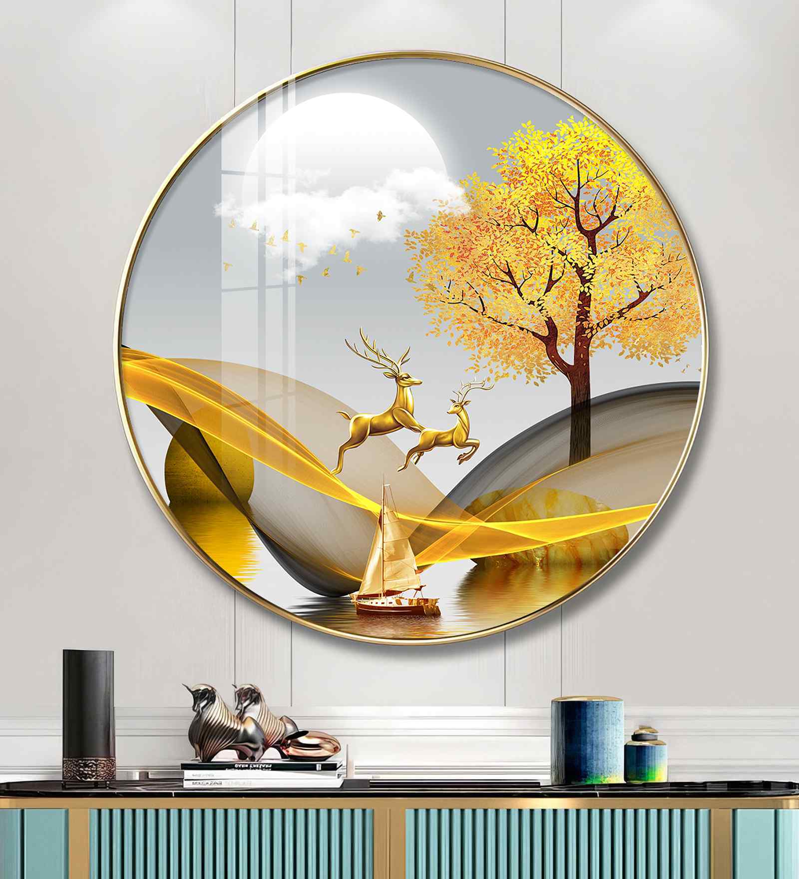 Modern Golden Deer Acrylic Round Wall Art