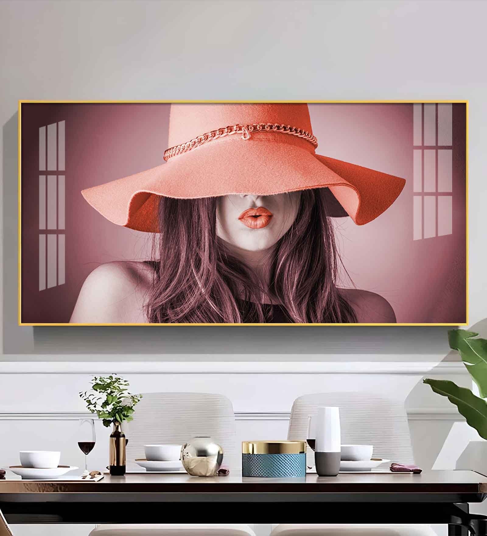 Modern Lady With Hat Glass Finish Horizontal Wall Art