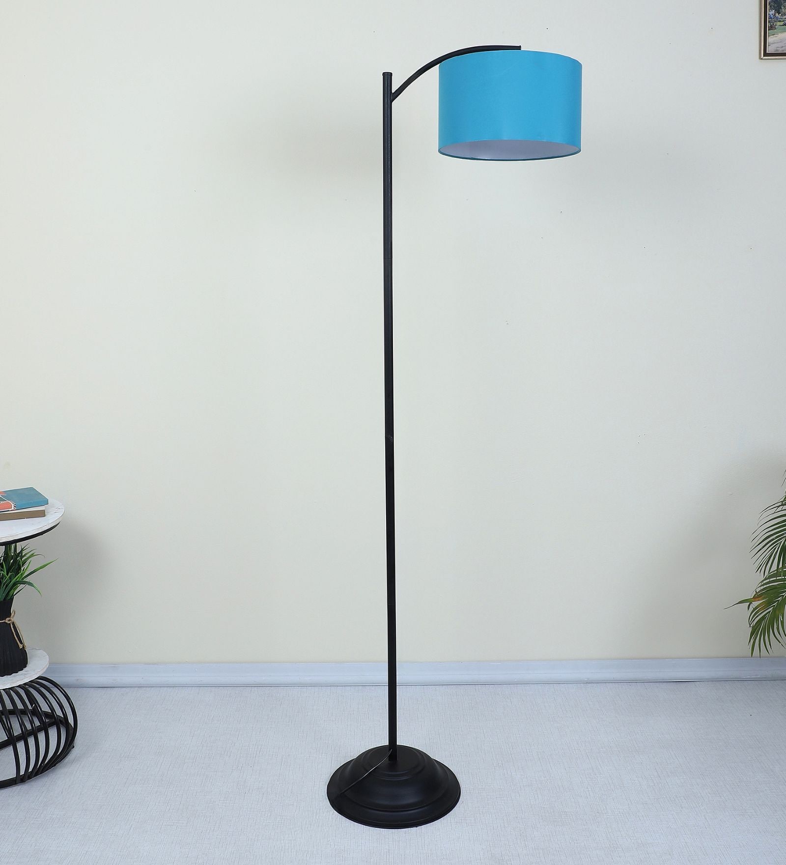 Modern Lamppost Style Black Iron Base Floor Lamps Aqua Cotton Shade