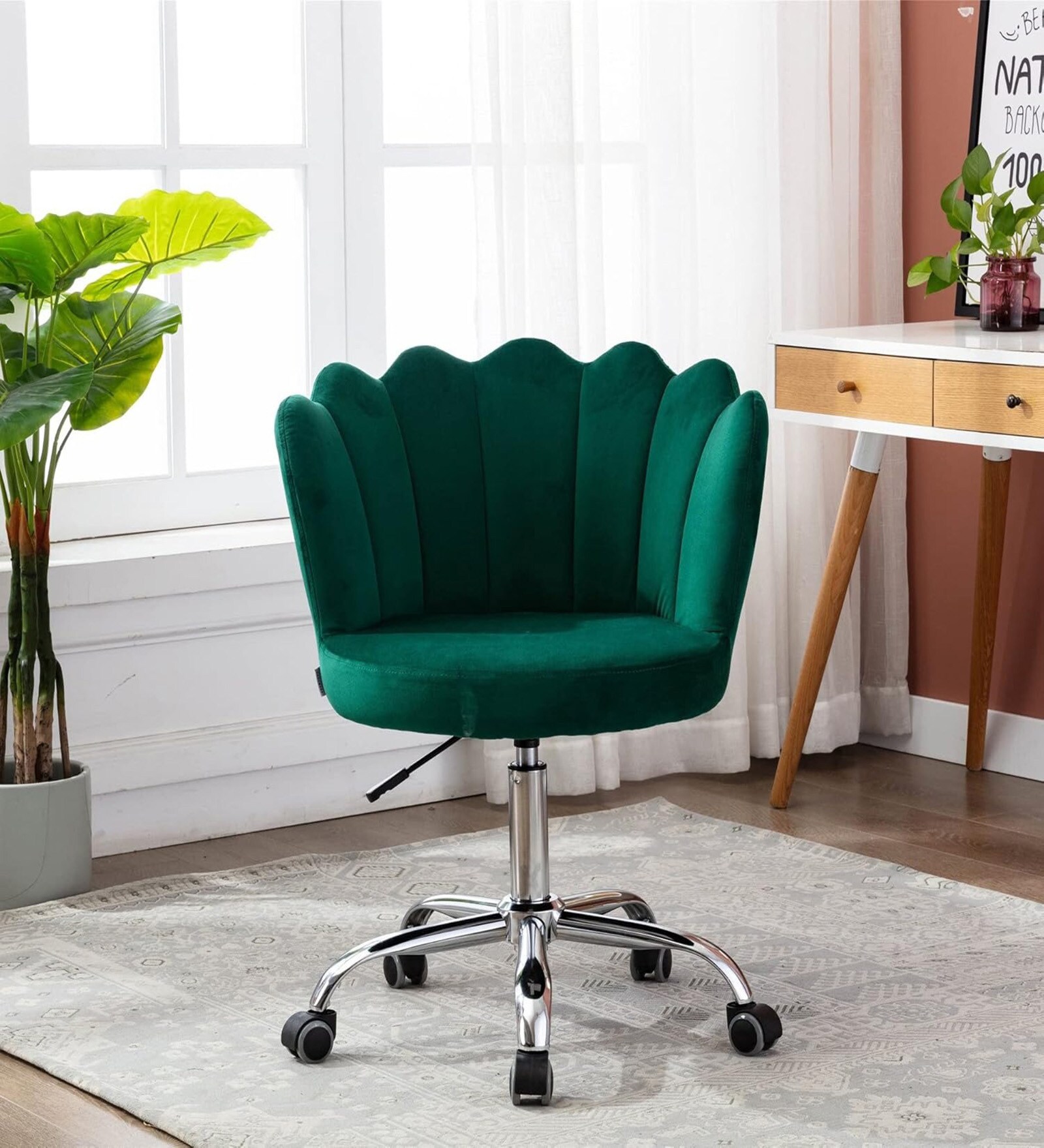 Modern Leisure Velvet Upholstered Shell Ergonomic Mid-Back Adjustable Swivel Chair  In Green Color