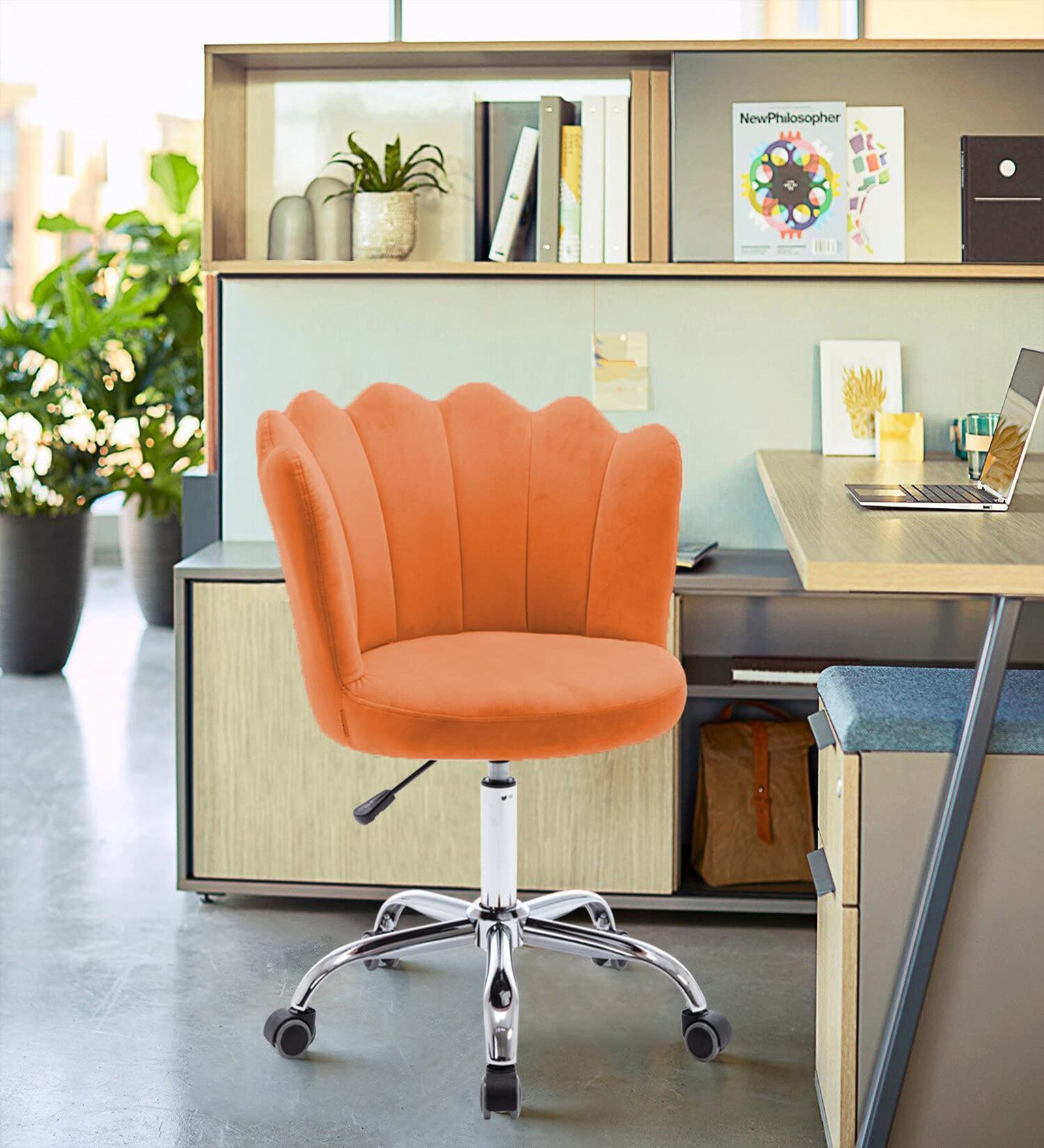 Modern Leisure Velvet Upholstered Shell Ergonomic Mid-Back Adjustable Swivel Chair  in Orange Color