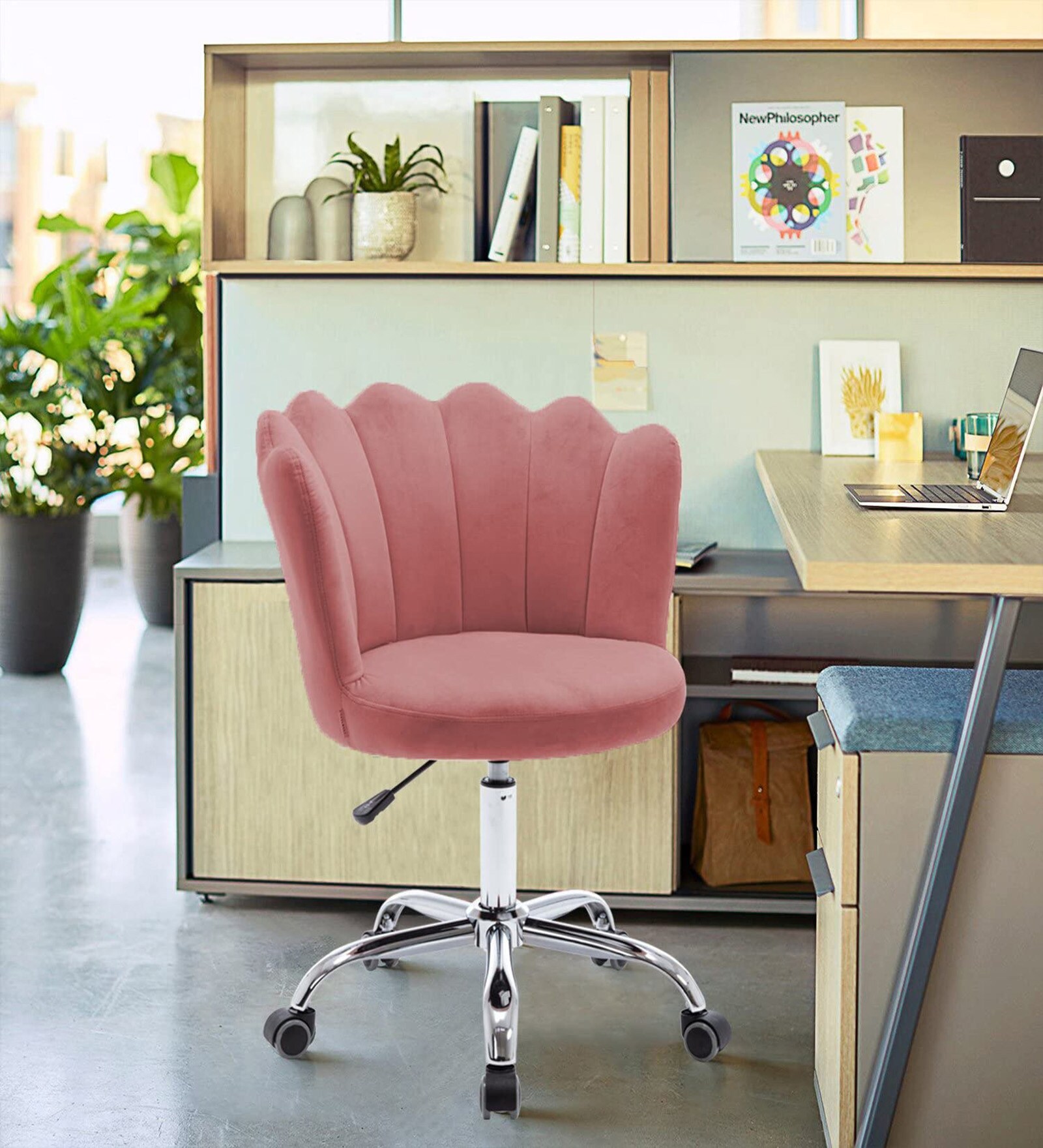 Modern Leisure Velvet Upholstered Shell Ergonomic Mid-Back Adjustable Swivel Chair In Pink Color