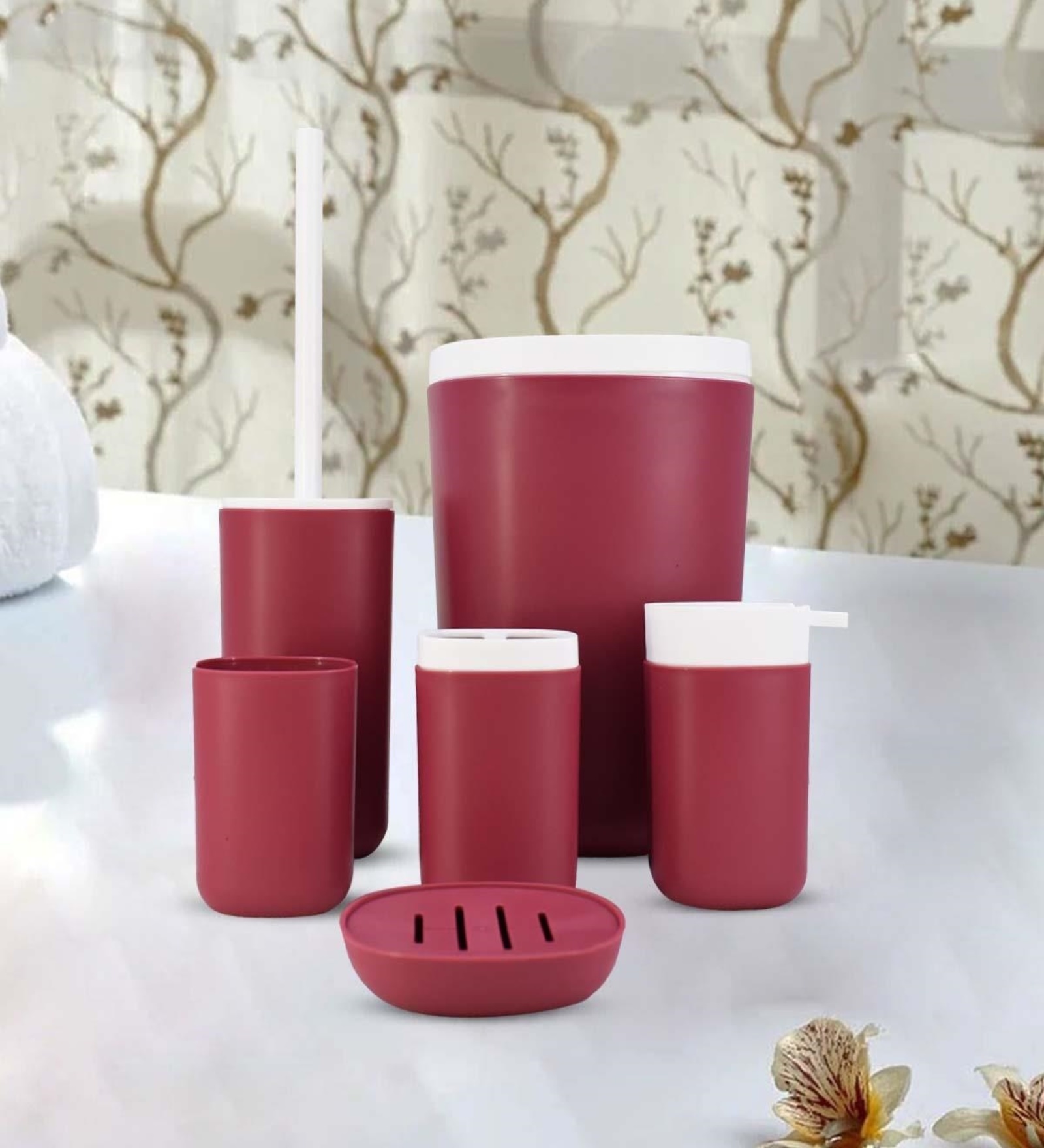 Modern Maroon Acrylic Set of 6 Bath Accessories Set