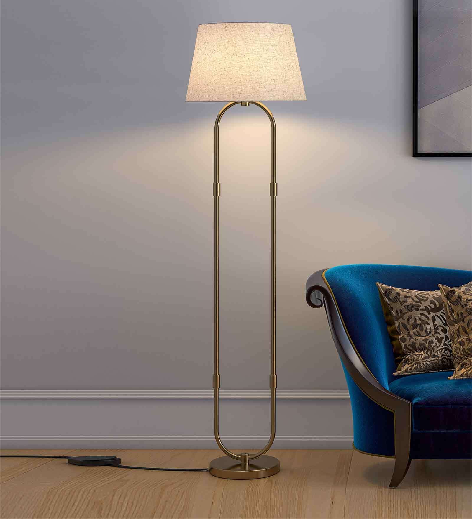 Fabricio Off White Cotton Shade Club Floor Lamp With Metal Base