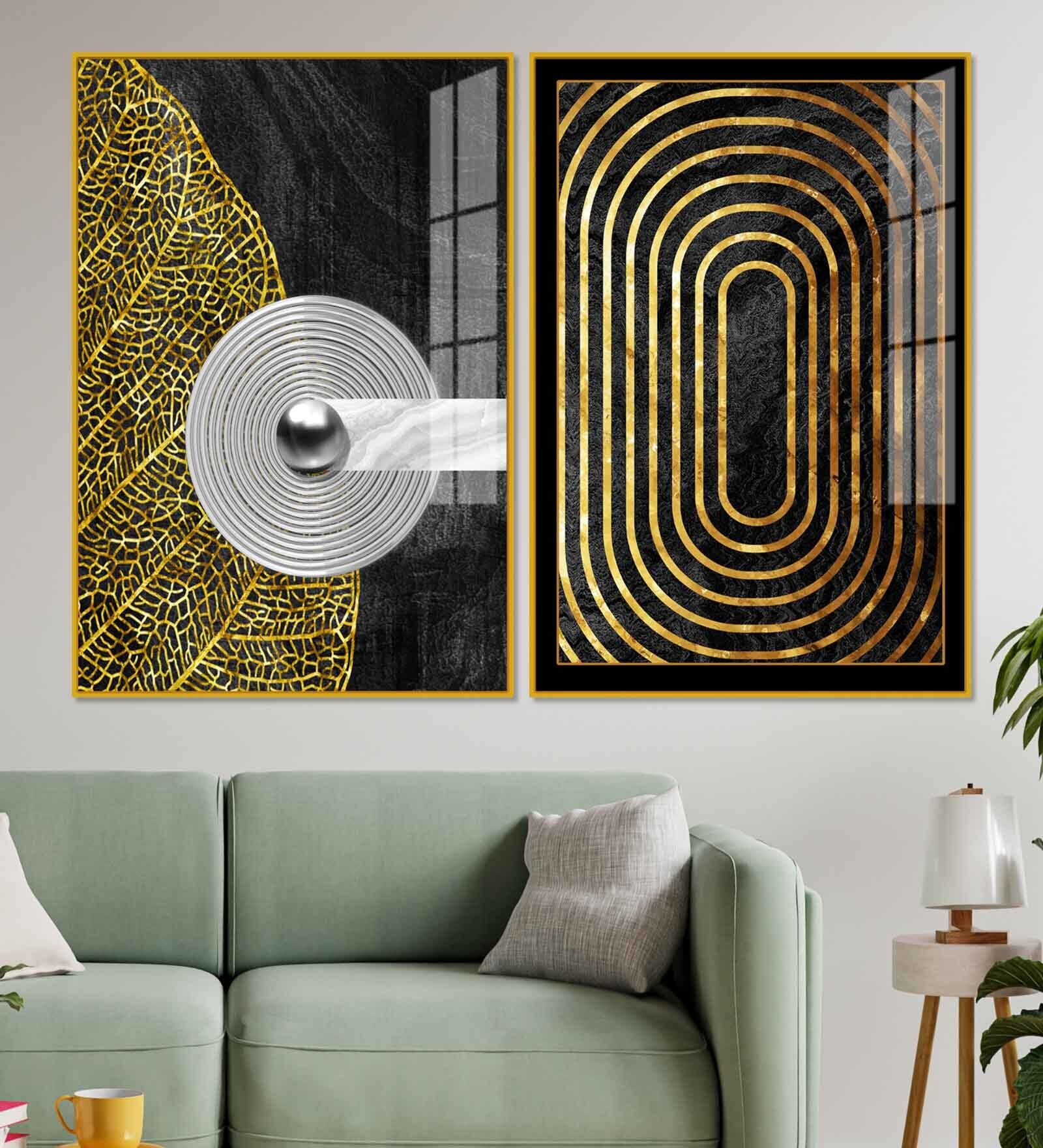Modern Nordic Black And Golden Acrylic Framed Art Panel (Set Of 2)