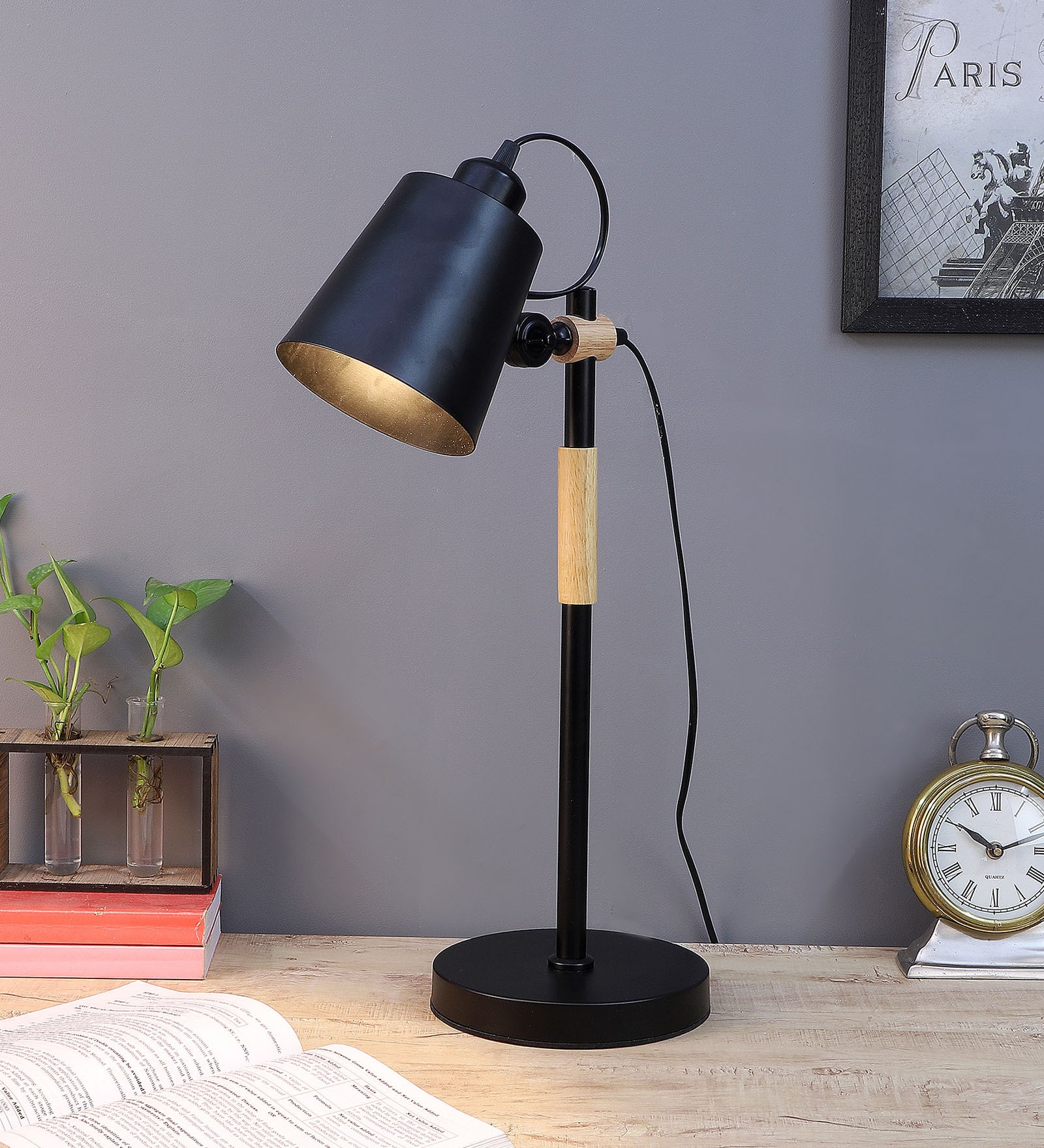 Modern Nordic Wood & Metal Study Lamp With Black Base