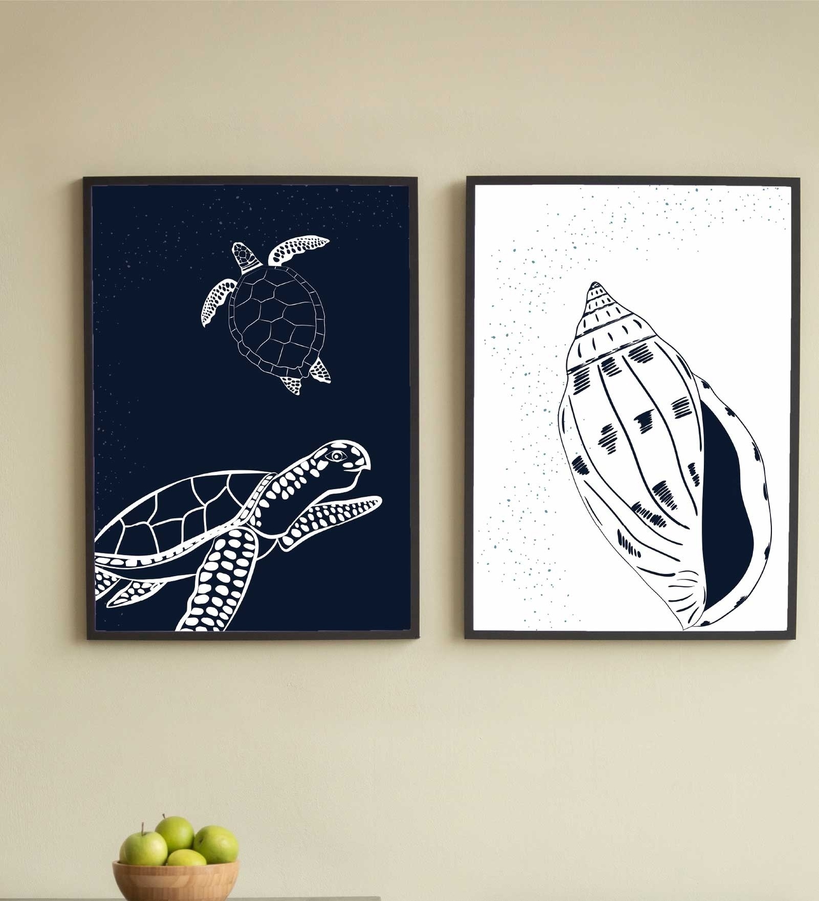 Modern Ocean Turtle & Shell Wall Art Set of 2