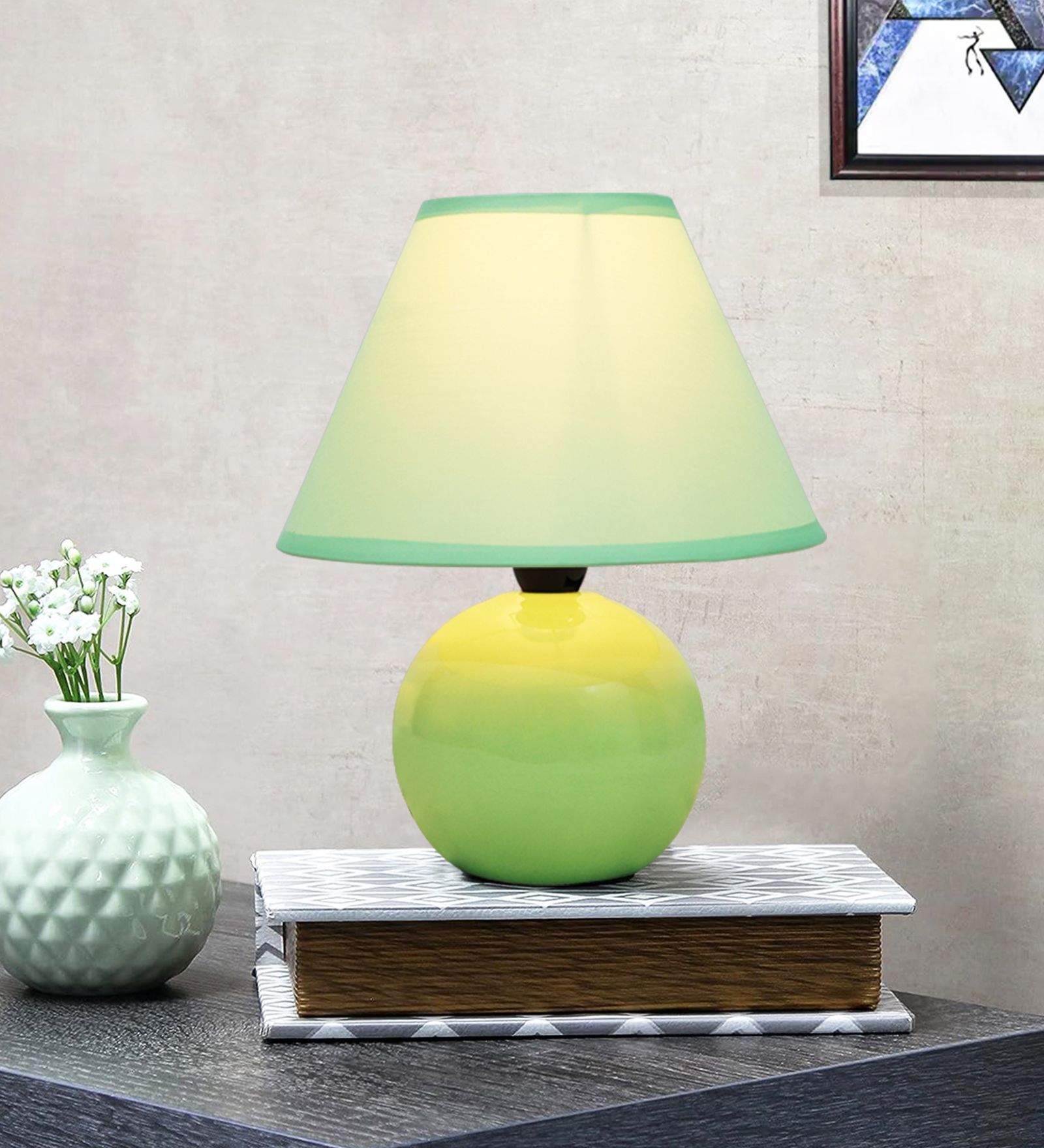 Buy Modern Round Small Ceramic Night Table Lamp with Green Fabric Shade