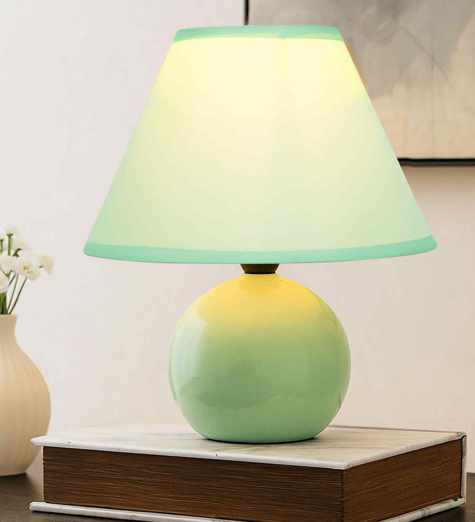 Modern Round Small Ceramic Night Table Lamp with Green Fabric Shade