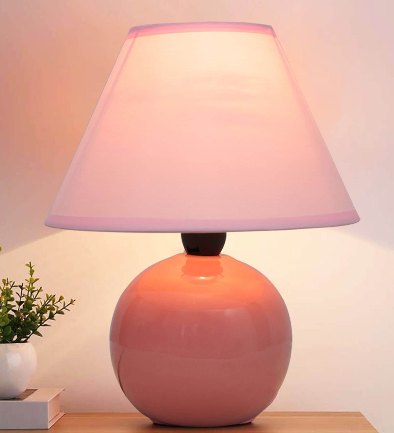 Modern Round Small Ceramic Night Table Lamp with Pink Fabric Shade